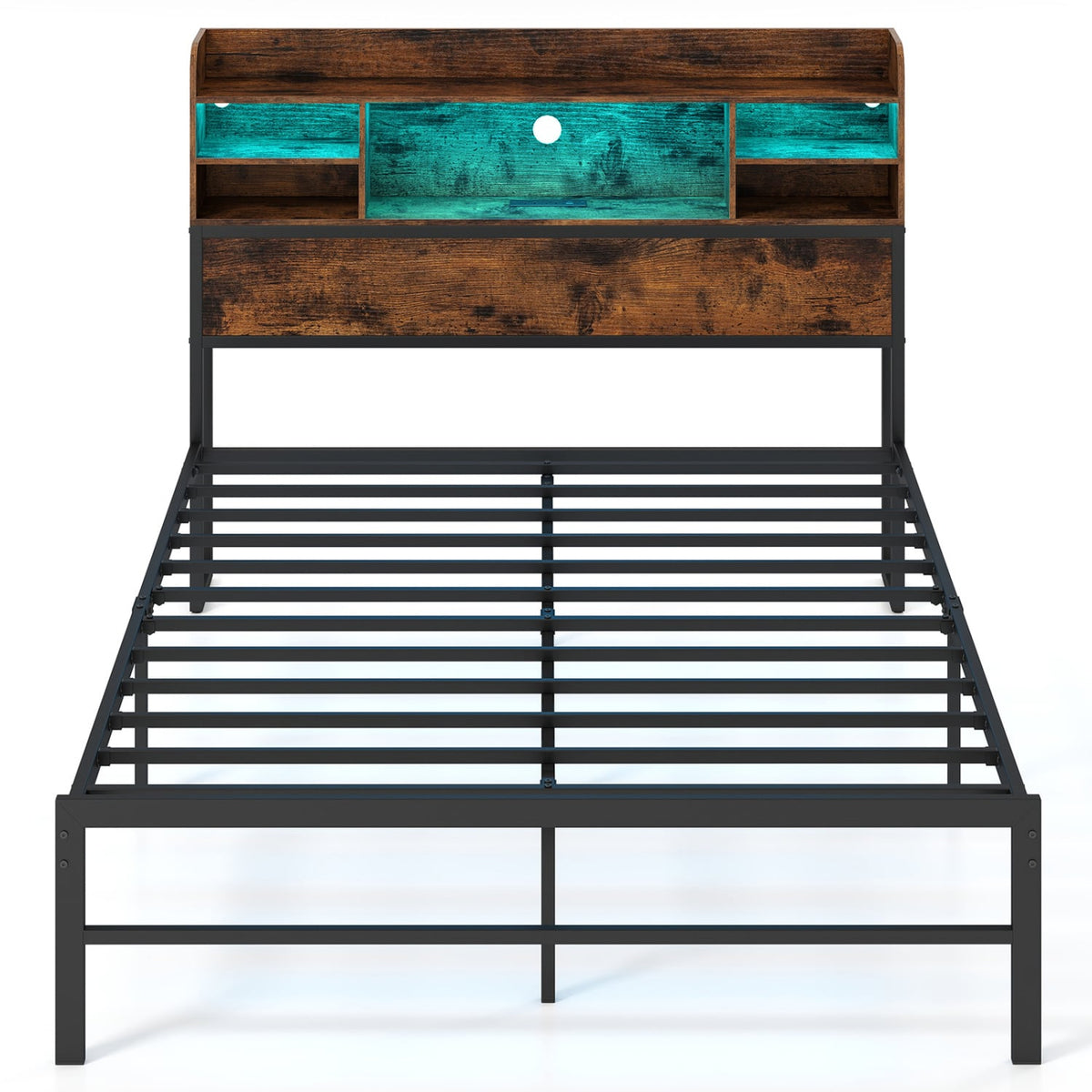 Full Size Bed Frame with Headboard LED Lights and Charging Station-Rustic Brown-Simple Bed Frame-DECOROLALA