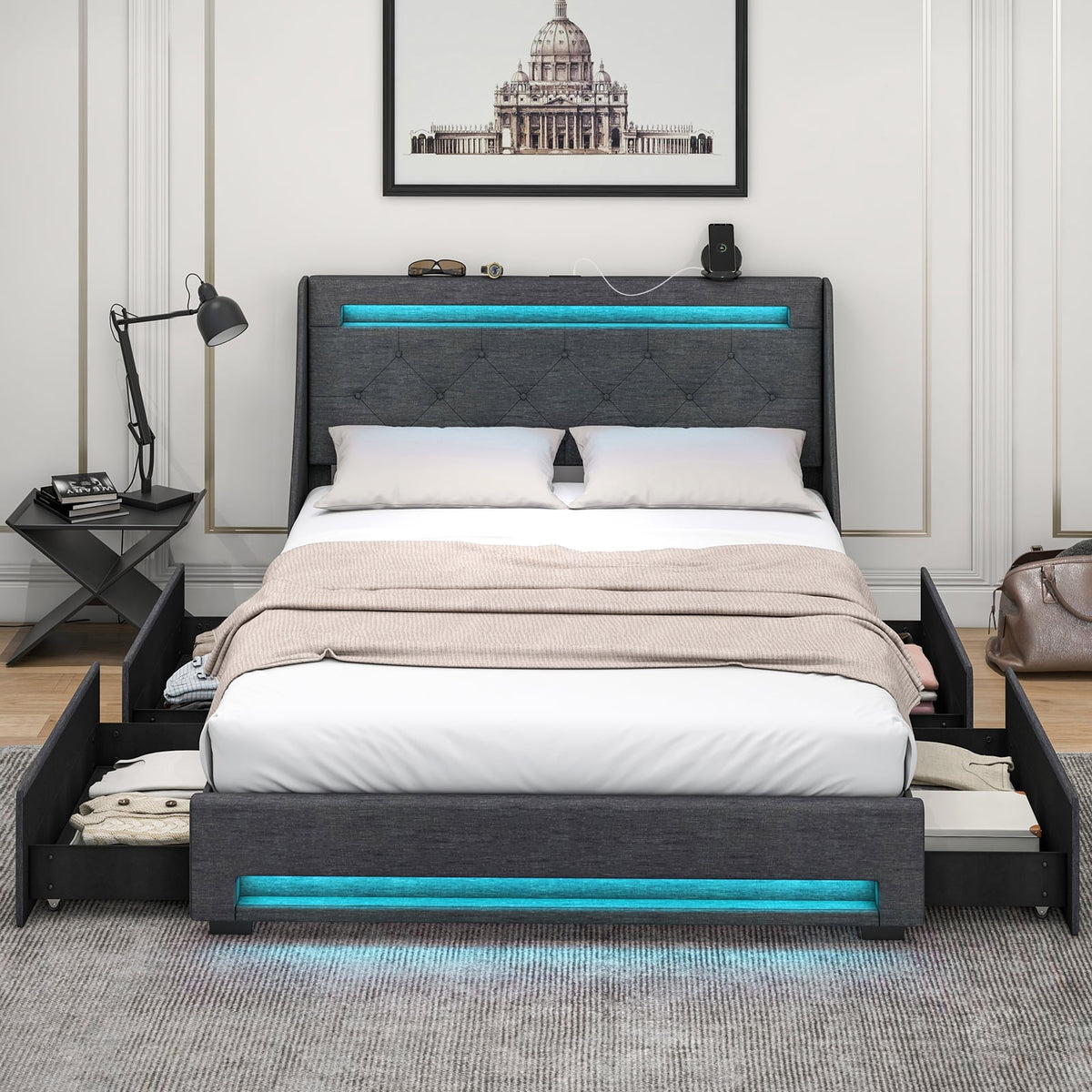 Full Size Bed Frame with LED Lights Wingback Headboard and Charging Station-Grey-Simple Bed Frame-DECOROLALA