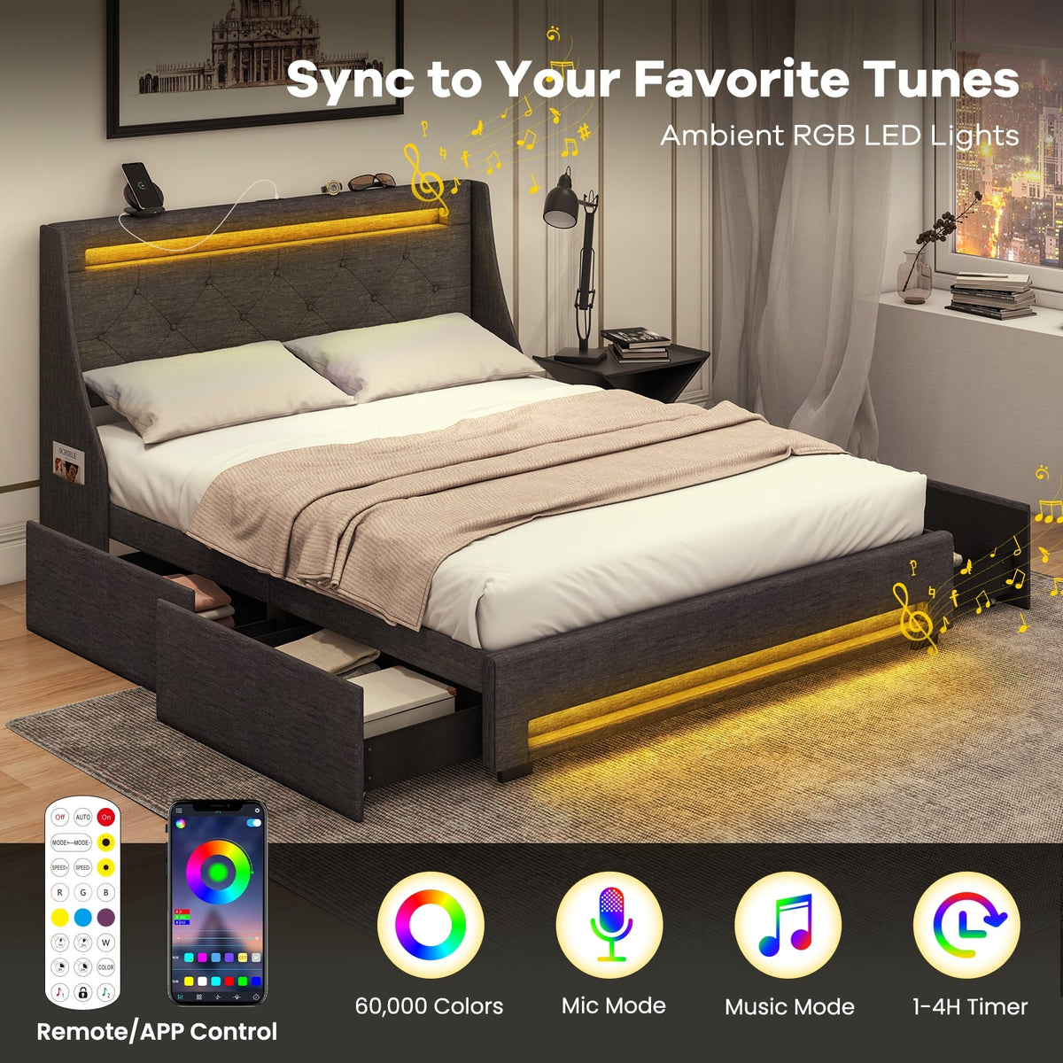 Full Size Bed Frame with LED Lights Wingback Headboard and Charging Station-Grey-Simple Bed Frame-DECOROLALA