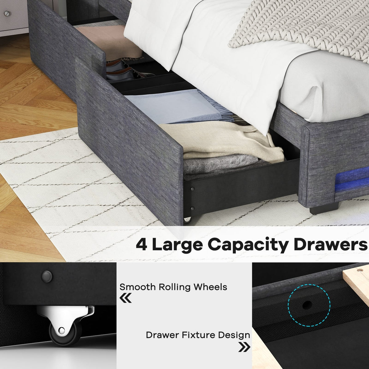 Full Size Bed Frame with LED Lights Wingback Headboard and Charging Station-Grey-Simple Bed Frame-DECOROLALA