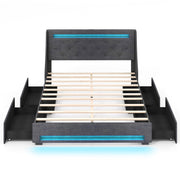 Full Size Bed Frame with LED Lights Wingback Headboard and Charging Station-Grey-Simple Bed Frame-DECOROLALA
