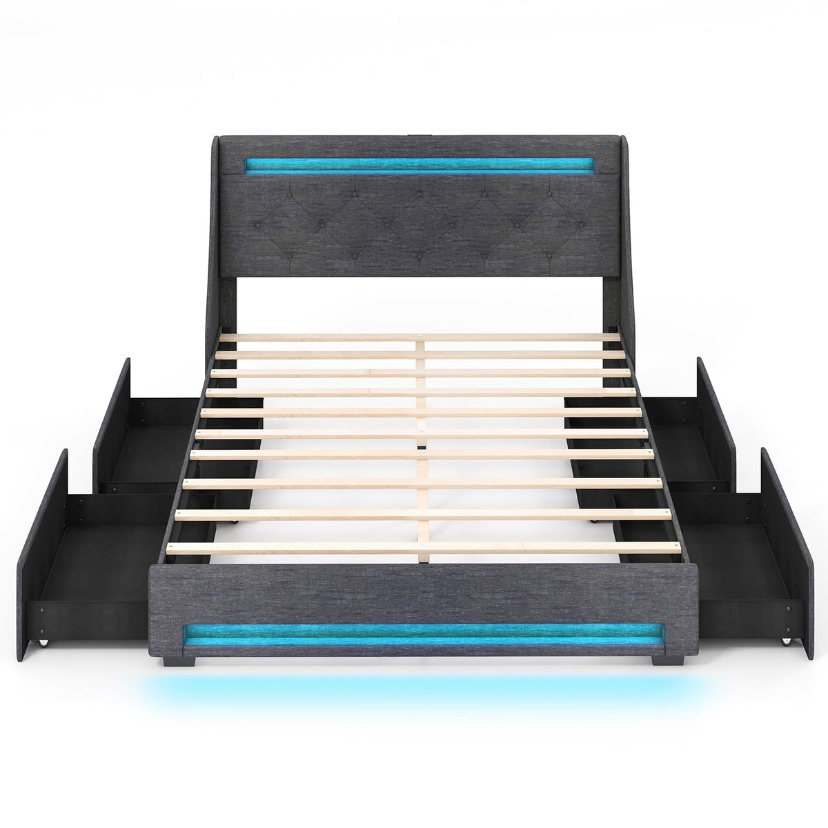 Full Size Bed Frame with LED Lights Wingback Headboard and Charging Station-Grey-Simple Bed Frame-DECOROLALA