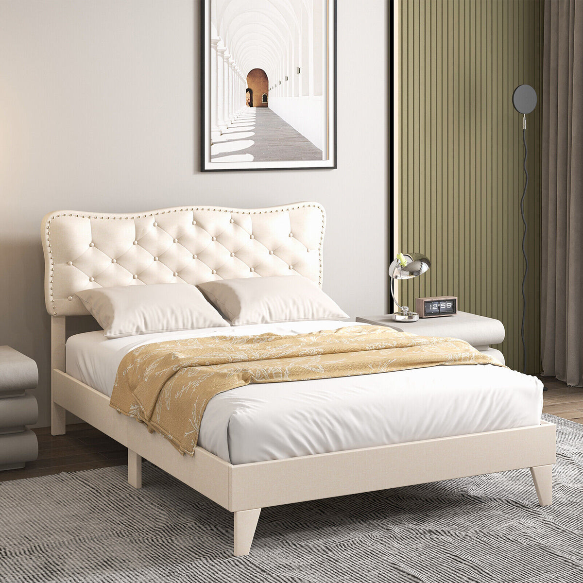 Full Size Bed Frame with Nail Headboard and Wooden Slats-Simple Bed Frame-DECOROLALA