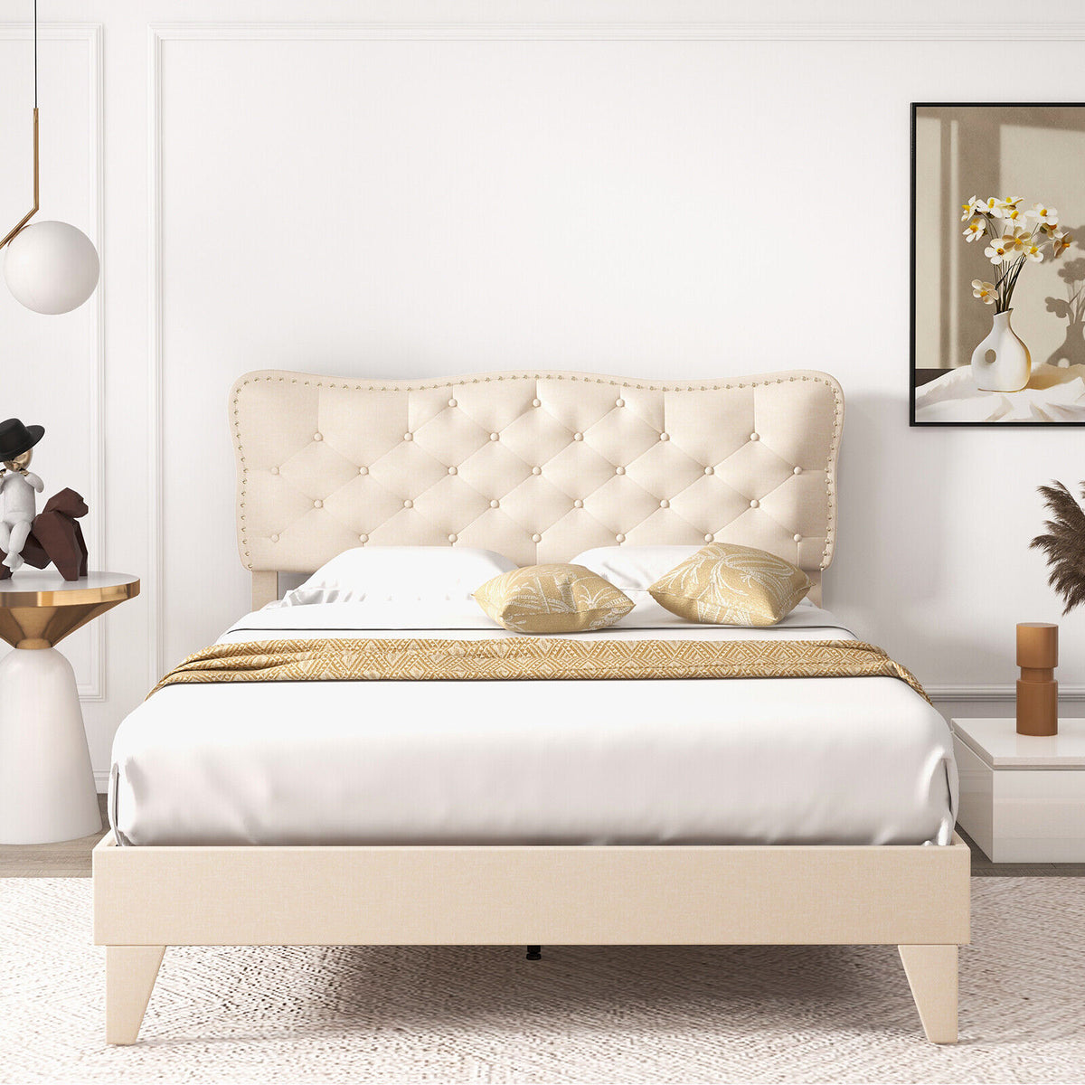 Full Size Bed Frame with Nail Headboard and Wooden Slats-Simple Bed Frame-DECOROLALA