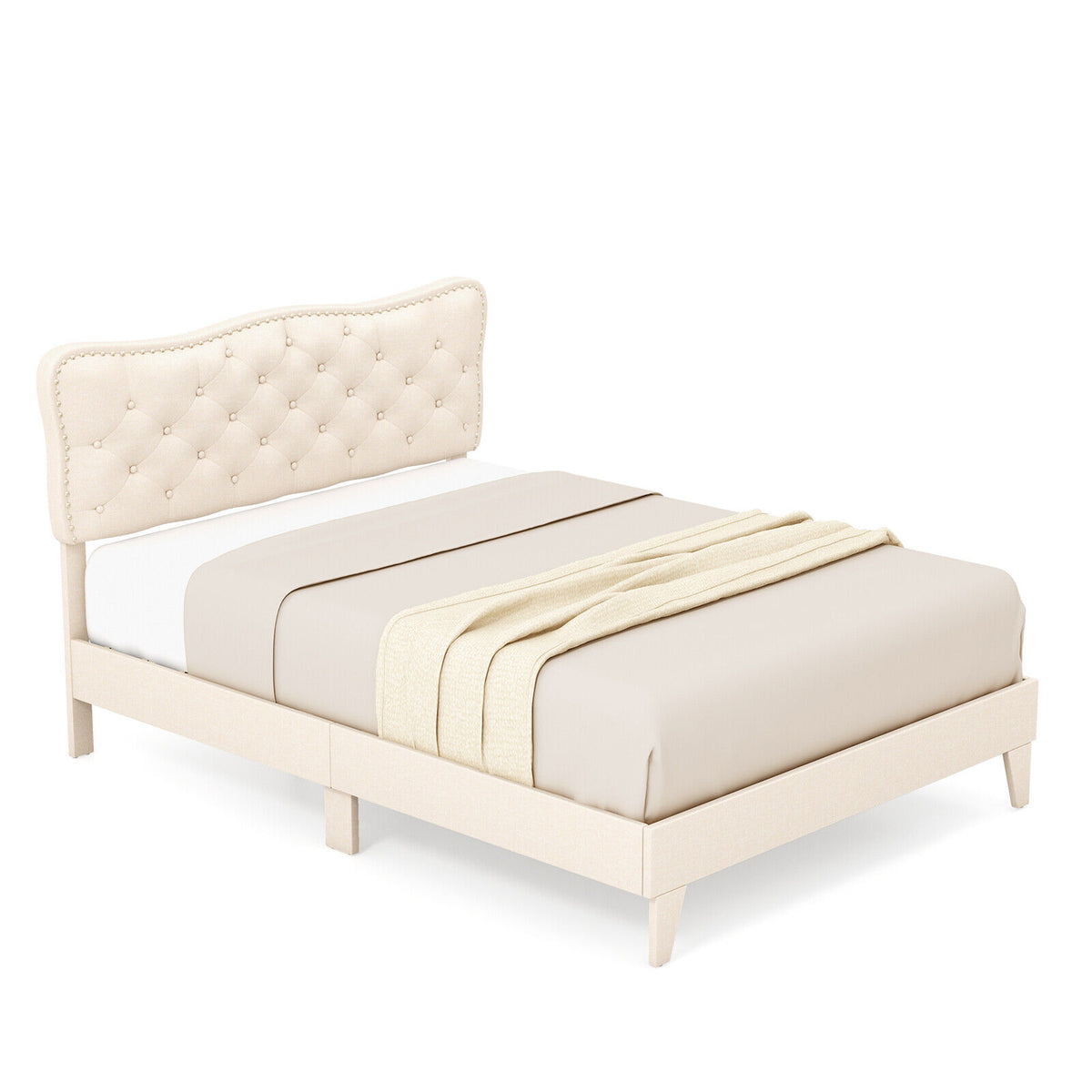 Full Size Bed Frame with Nail Headboard and Wooden Slats-Simple Bed Frame-DECOROLALA