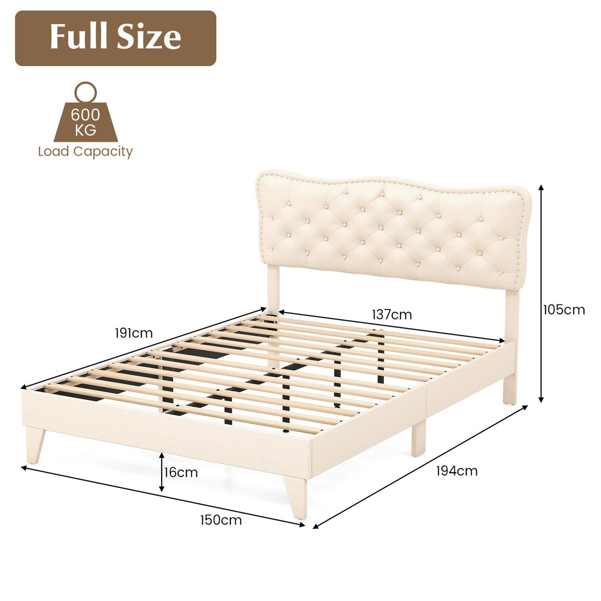 Full Size Bed Frame with Nail Headboard and Wooden Slats-Simple Bed Frame-DECOROLALA
