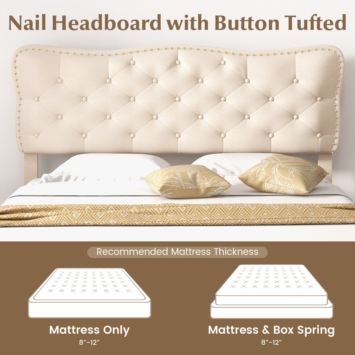 Full Size Bed Frame with Nail Headboard and Wooden Slats-Simple Bed Frame-DECOROLALA