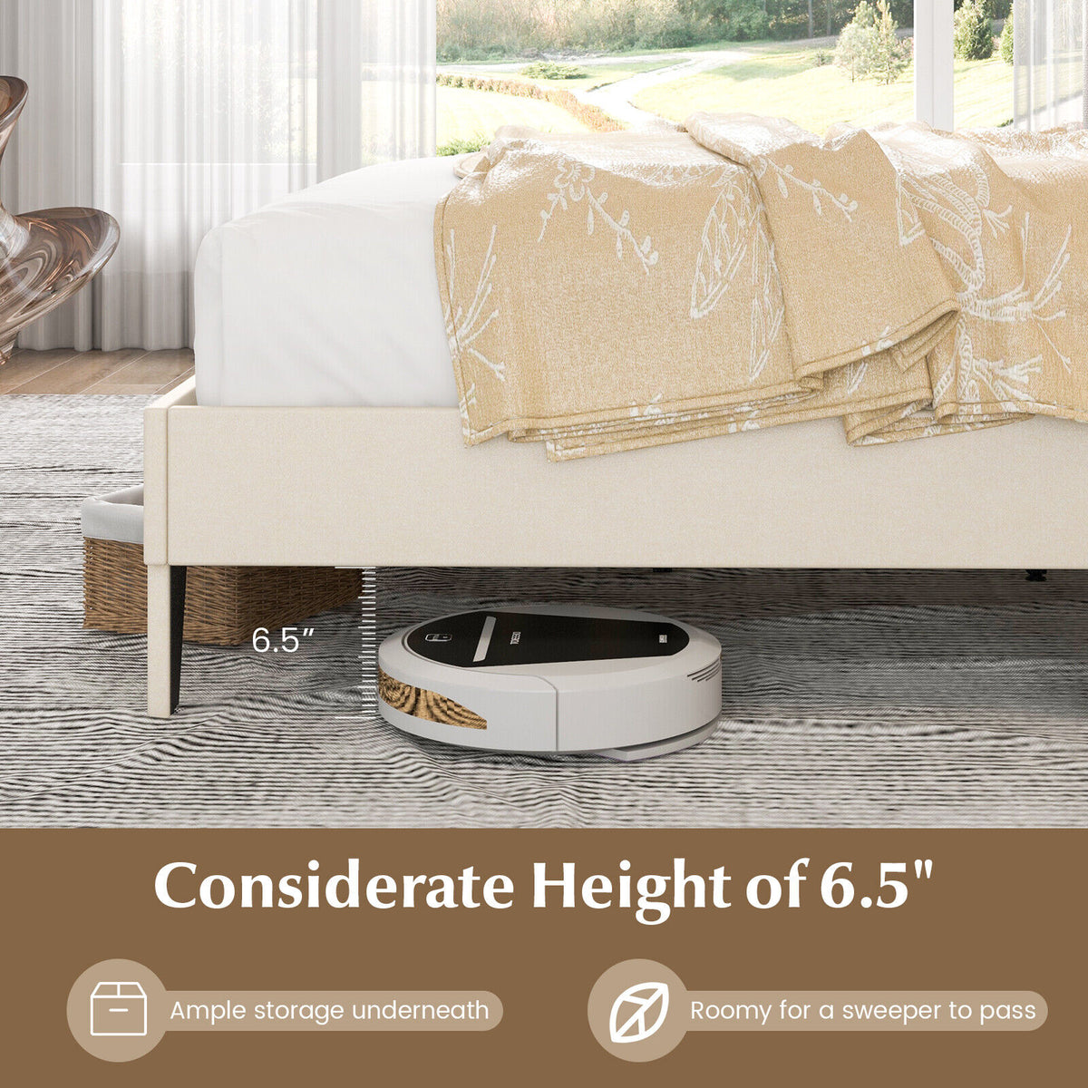 Full Size Bed Frame with Nail Headboard and Wooden Slats-Simple Bed Frame-DECOROLALA