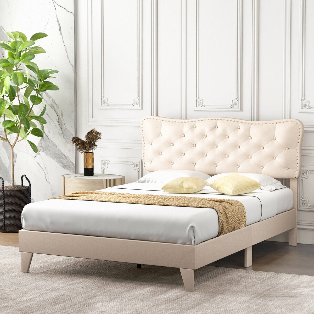Full Size Bed Frame with Nail Headboard and Wooden Slats-Simple Bed Frame-DECOROLALA