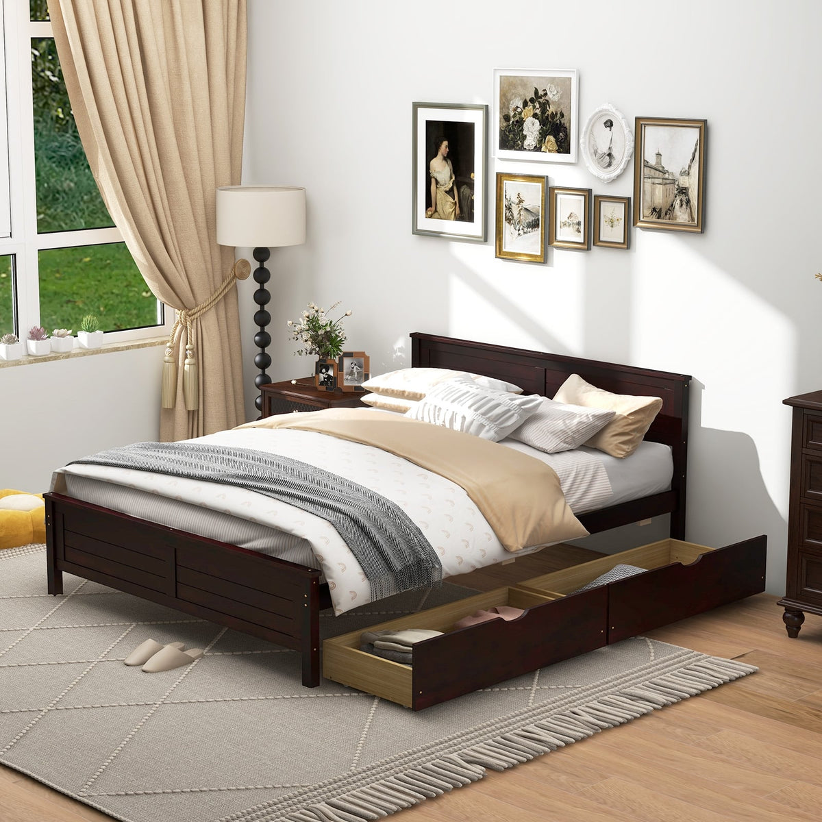Full Size Bed Frame with Storage Drawers and Solid Wood Headboard-Espresso-Simple Bed Frame-DECOROLALA