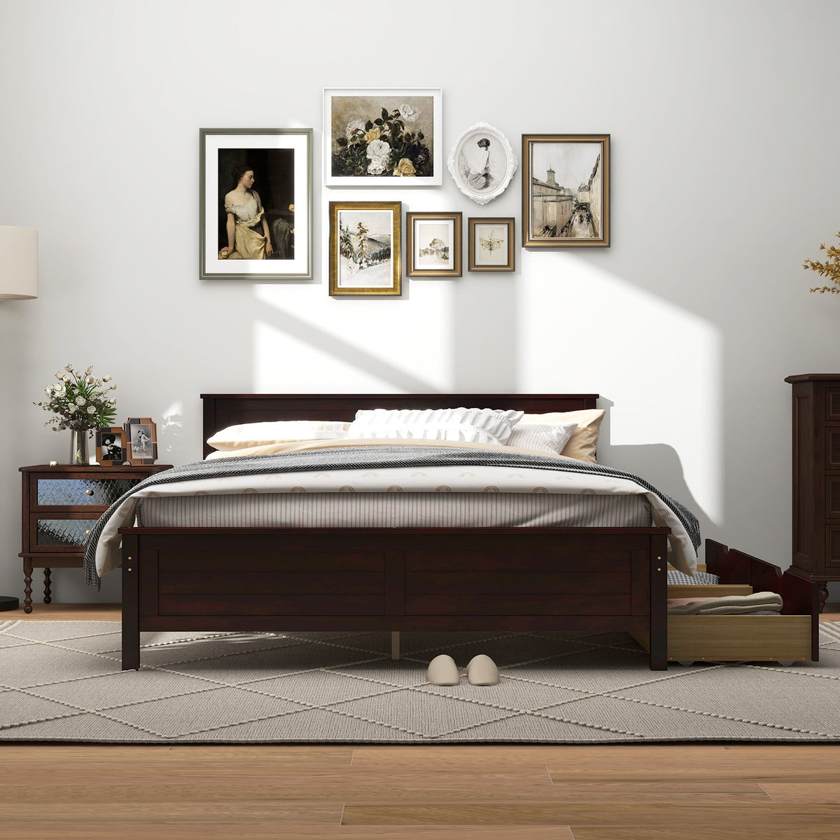 Full Size Bed Frame with Storage Drawers and Solid Wood Headboard-Espresso-Simple Bed Frame-DECOROLALA