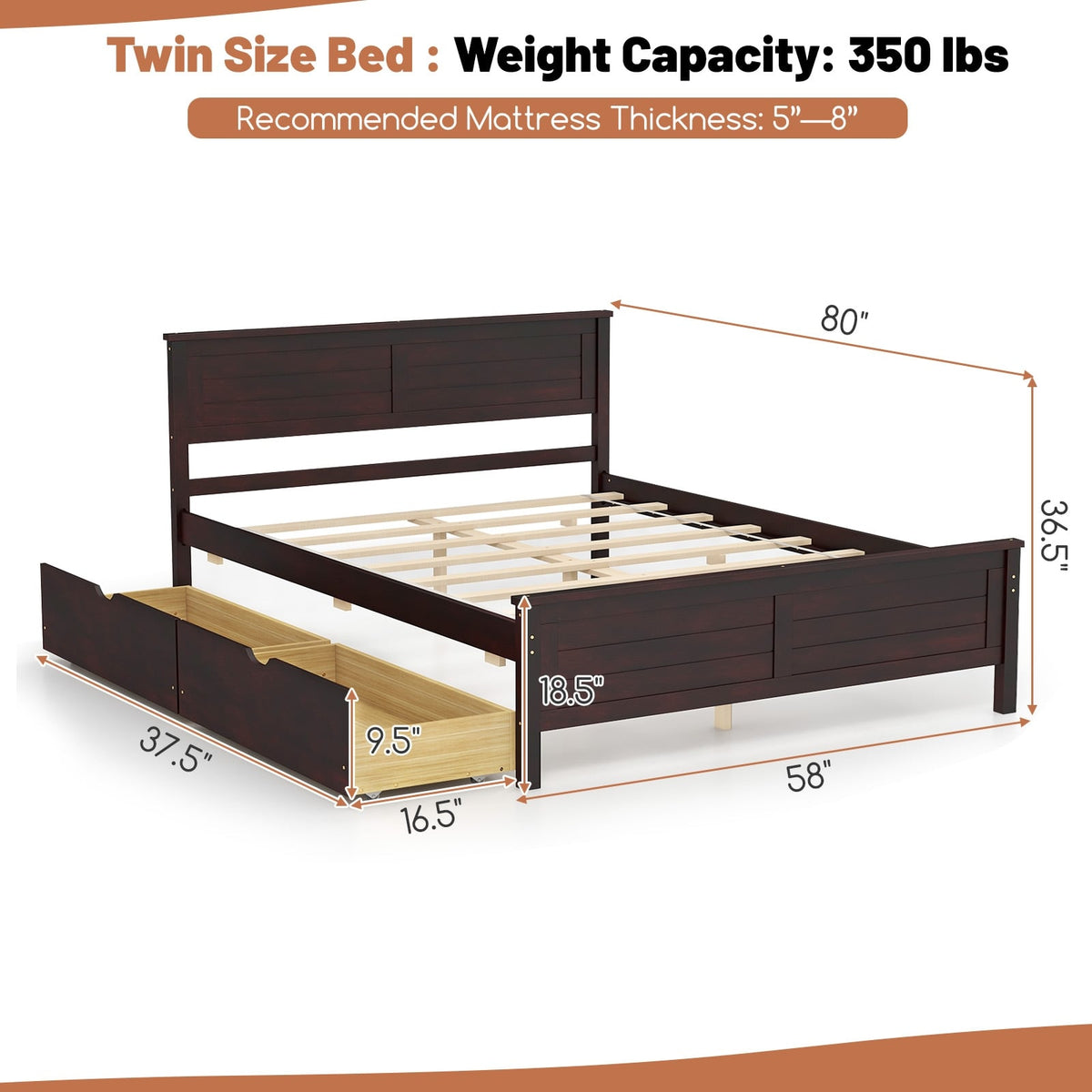 Full Size Bed Frame with Storage Drawers and Solid Wood Headboard-Espresso-Simple Bed Frame-DECOROLALA