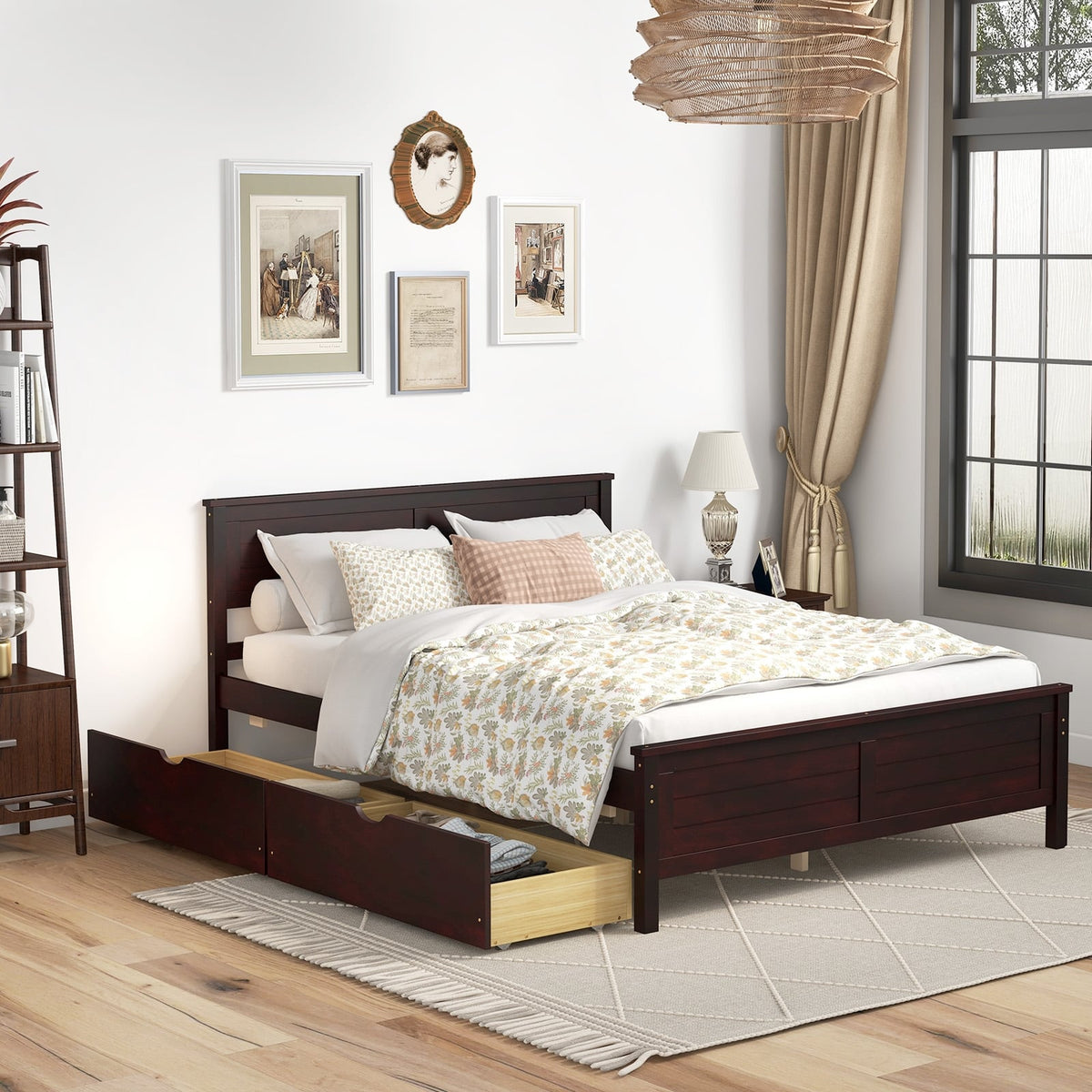 Full Size Bed Frame with Storage Drawers and Solid Wood Headboard-Espresso-Simple Bed Frame-DECOROLALA