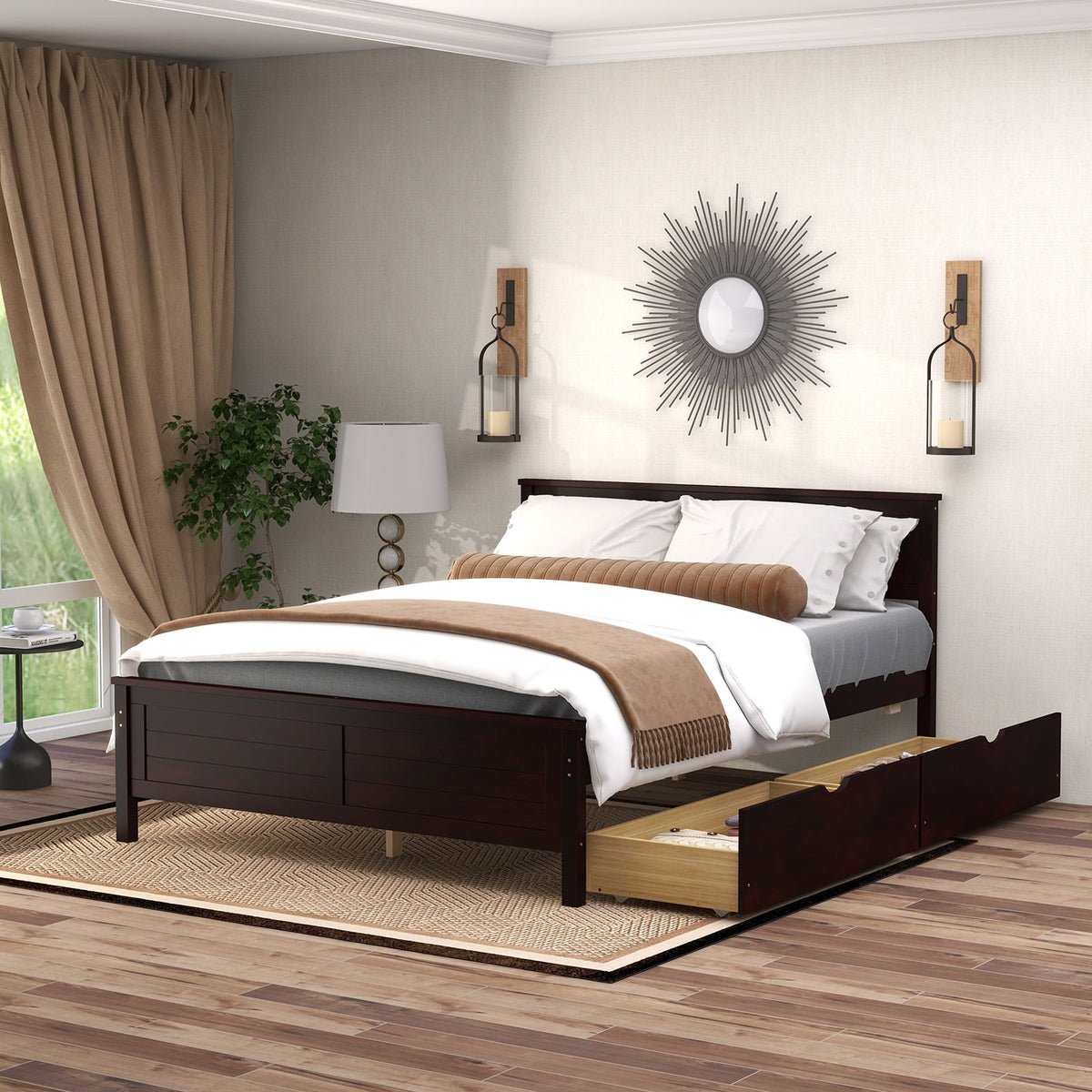 Full Size Bed Frame with Storage Drawers and Solid Wood Headboard-Espresso-Simple Bed Frame-DECOROLALA