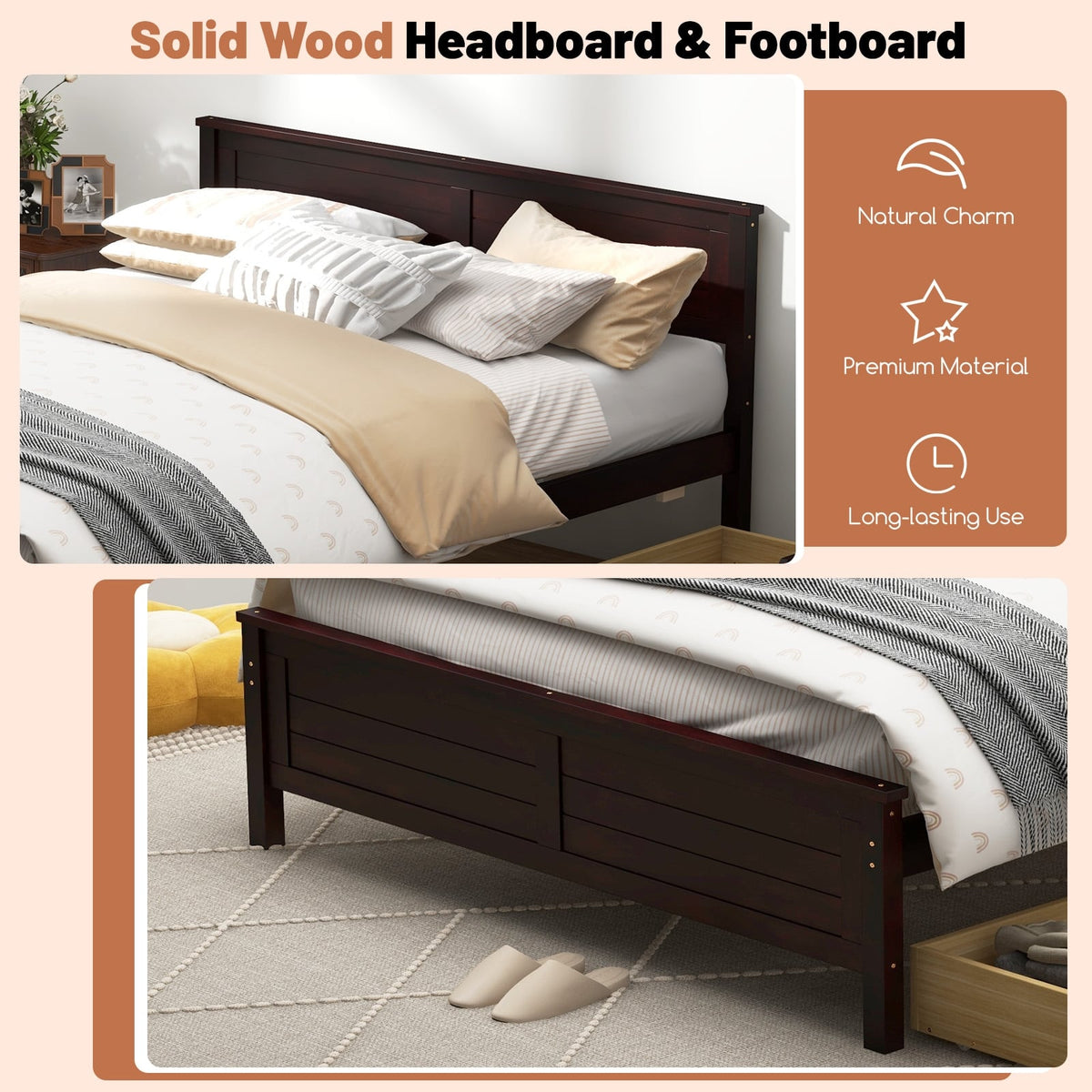 Full Size Bed Frame with Storage Drawers and Solid Wood Headboard-Espresso-Simple Bed Frame-DECOROLALA