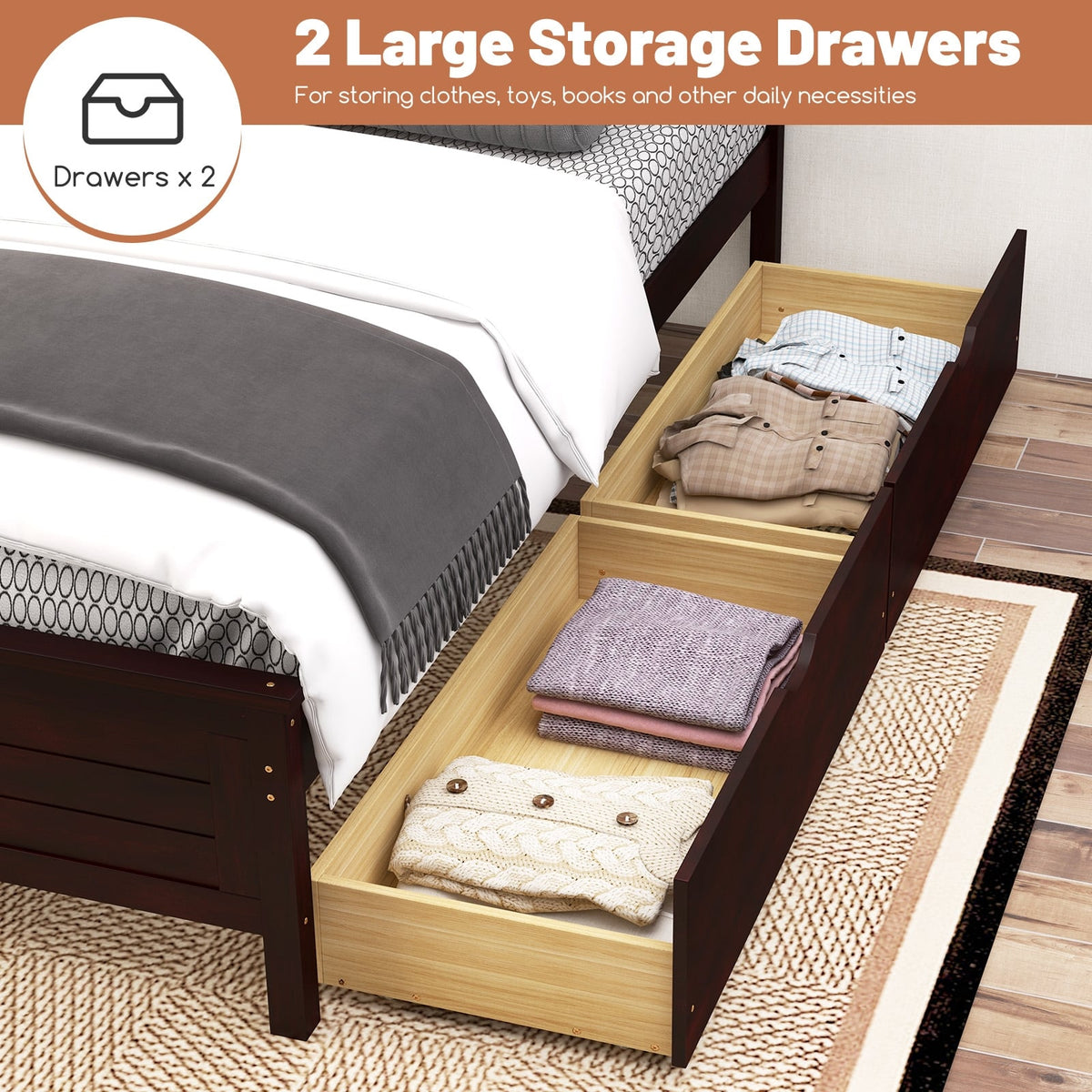 Full Size Bed Frame with Storage Drawers and Solid Wood Headboard-Espresso-Simple Bed Frame-DECOROLALA