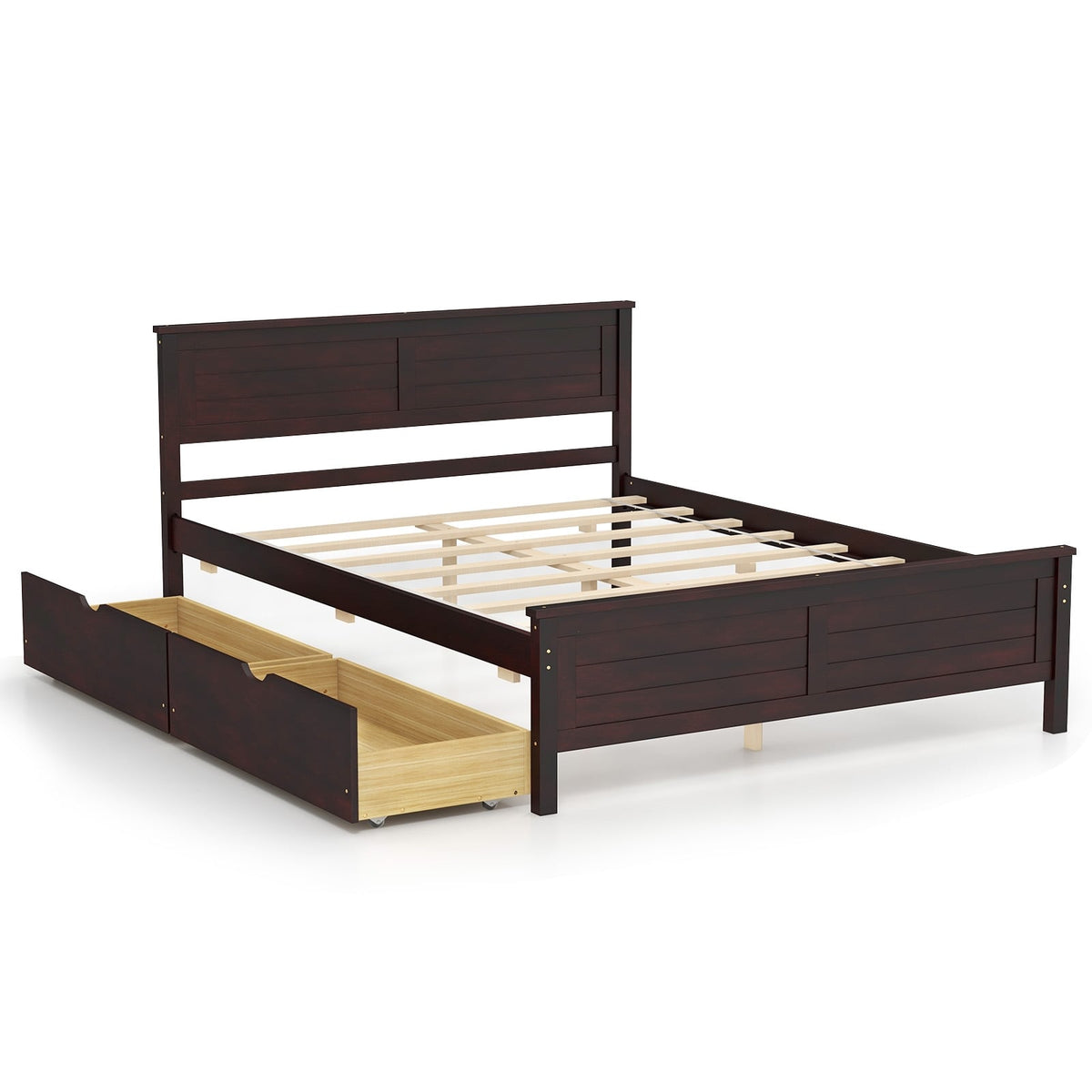 Full Size Bed Frame with Storage Drawers and Solid Wood Headboard-Espresso-Simple Bed Frame-DECOROLALA
