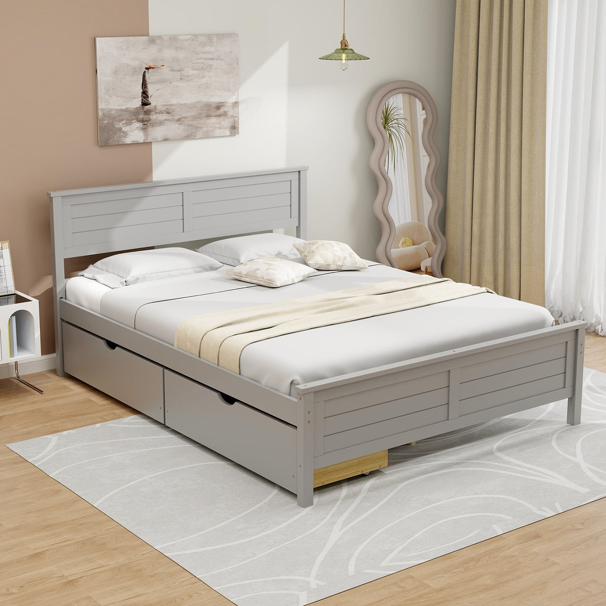 Full Size Bed Frame with Storage Drawers and Solid Wood Headboard-Gray-Simple Bed Frame-DECOROLALA
