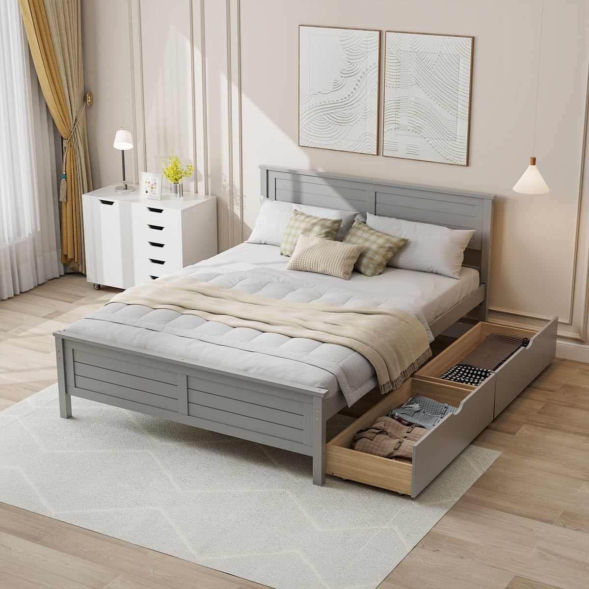 Full Size Bed Frame with Storage Drawers and Solid Wood Headboard-Gray-Simple Bed Frame-DECOROLALA