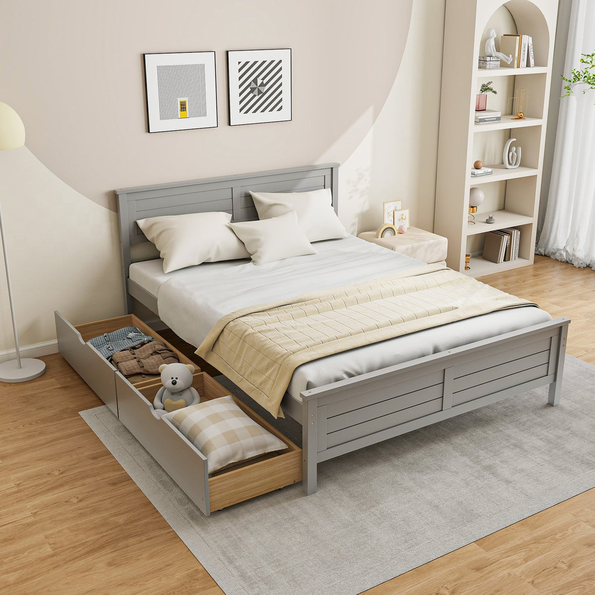 Full Size Bed Frame with Storage Drawers and Solid Wood Headboard-Gray-Simple Bed Frame-DECOROLALA