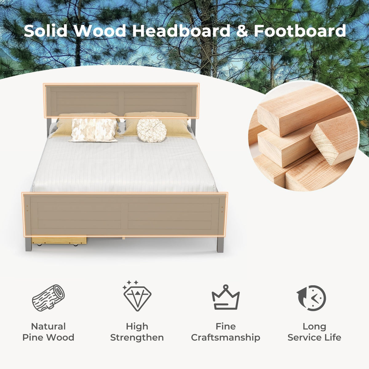 Full Size Bed Frame with Storage Drawers and Solid Wood Headboard-Gray-Simple Bed Frame-DECOROLALA