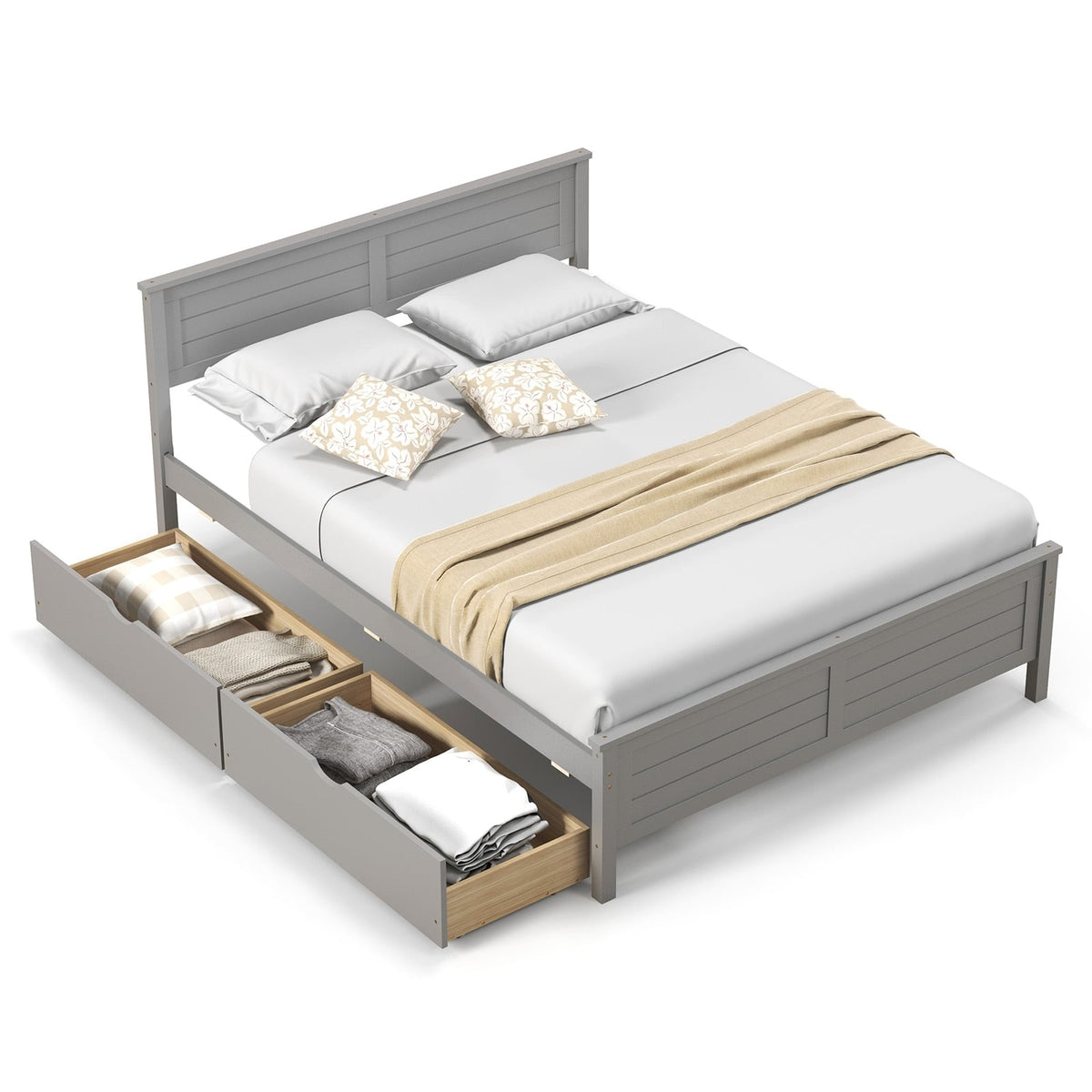 Full Size Bed Frame with Storage Drawers and Solid Wood Headboard-Gray-Simple Bed Frame-DECOROLALA