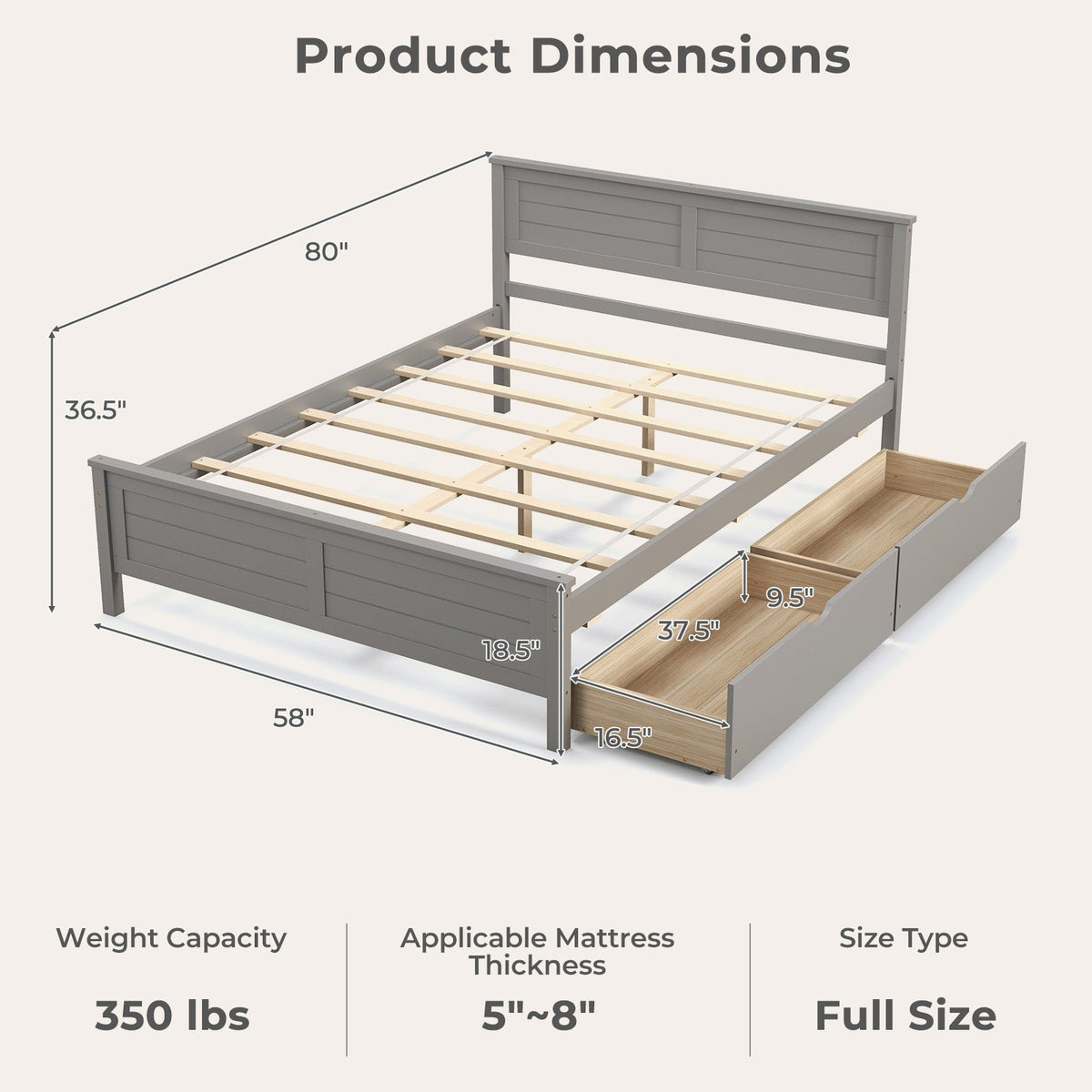 Full Size Bed Frame with Storage Drawers and Solid Wood Headboard-Simple Bed Frame-DECOROLALA