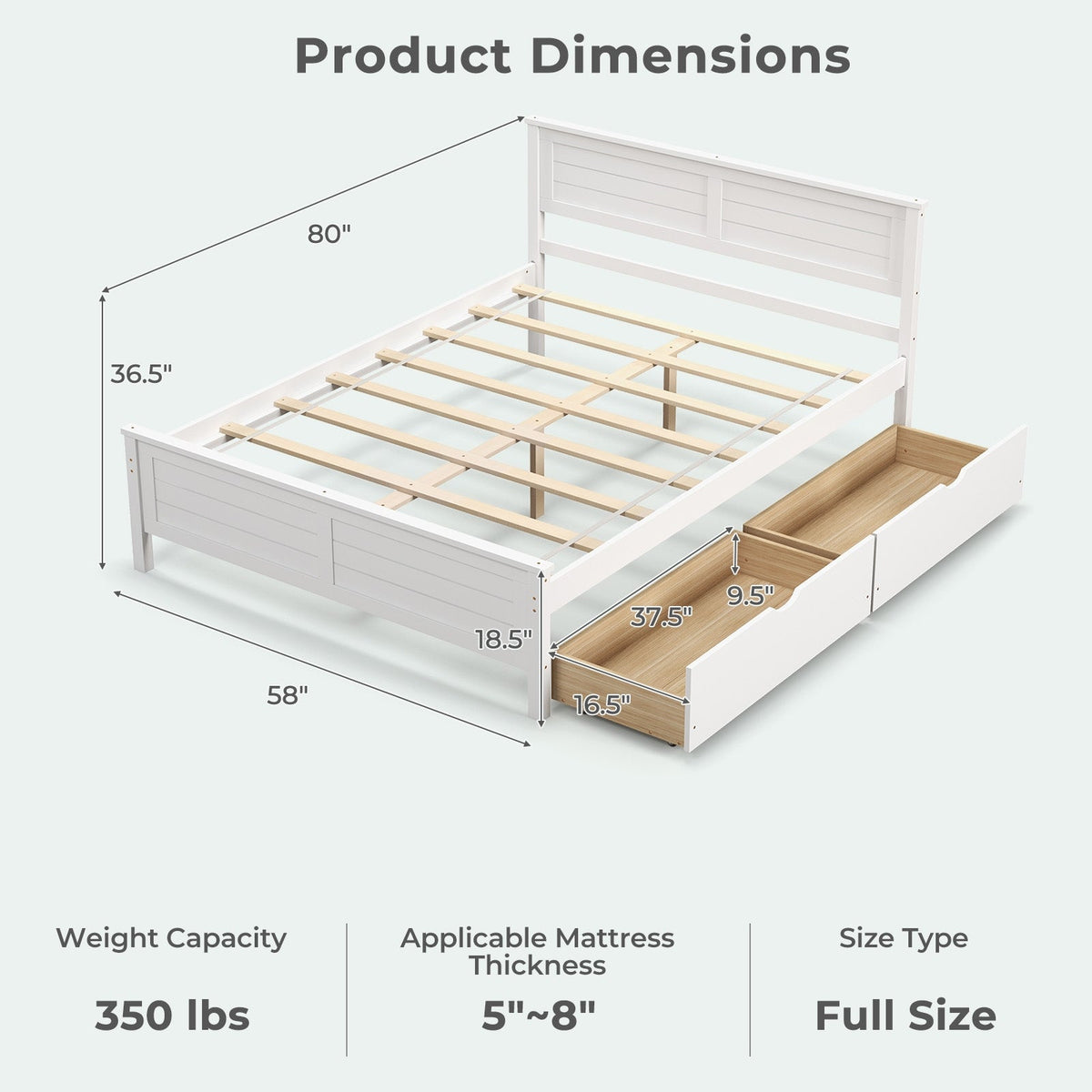 Full Size Bed Frame with Storage Drawers and Solid Wood Headboard-Simple Bed Frame-DECOROLALA