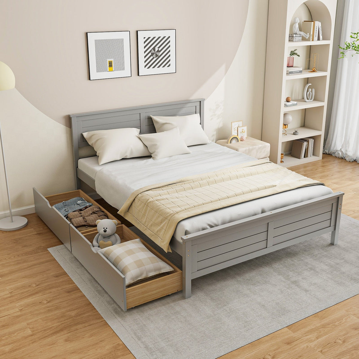 Full Size Bed Frame with Storage Drawers and Solid Wood Headboard-Simple Bed Frame-DECOROLALA