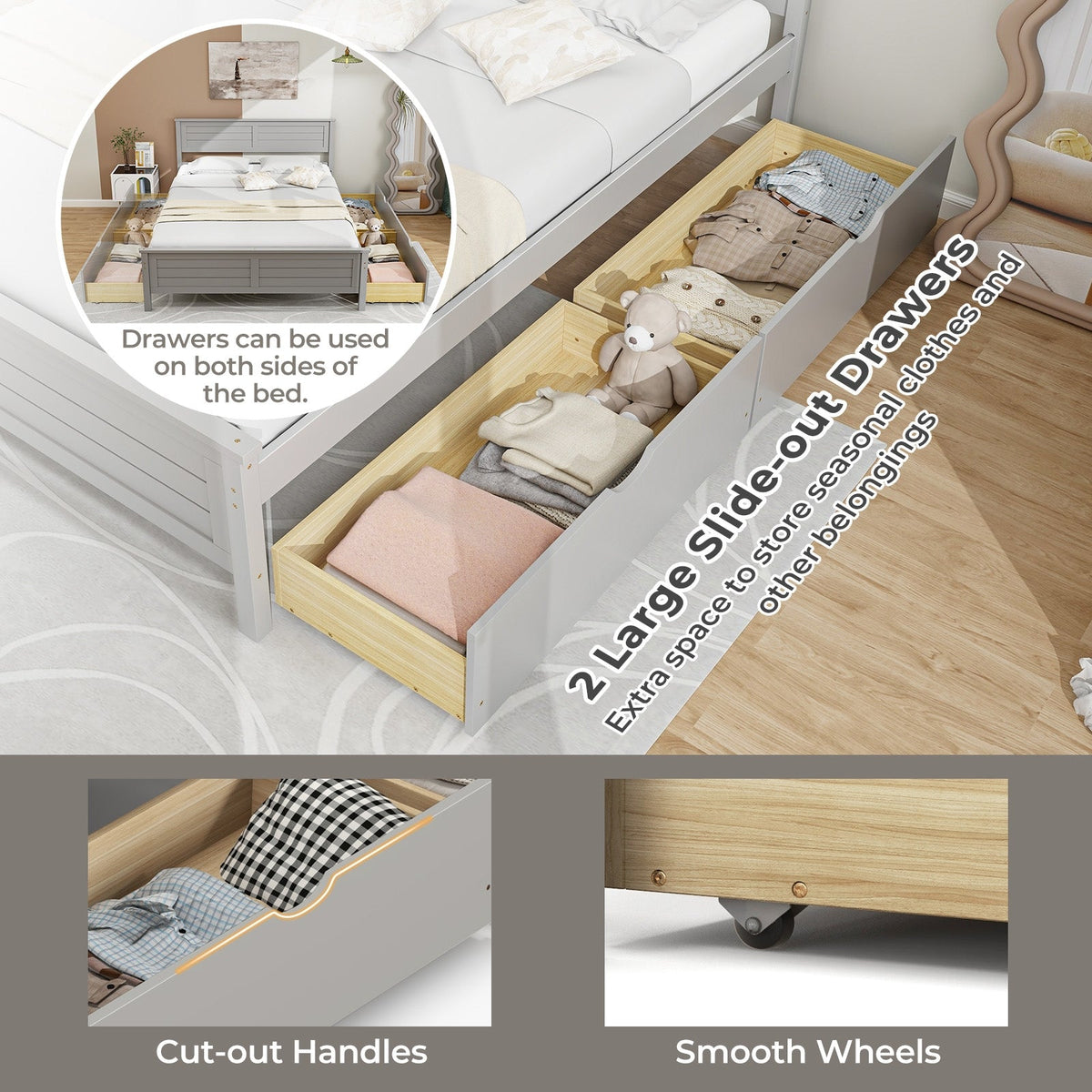 Full Size Bed Frame with Storage Drawers and Solid Wood Headboard-Simple Bed Frame-DECOROLALA