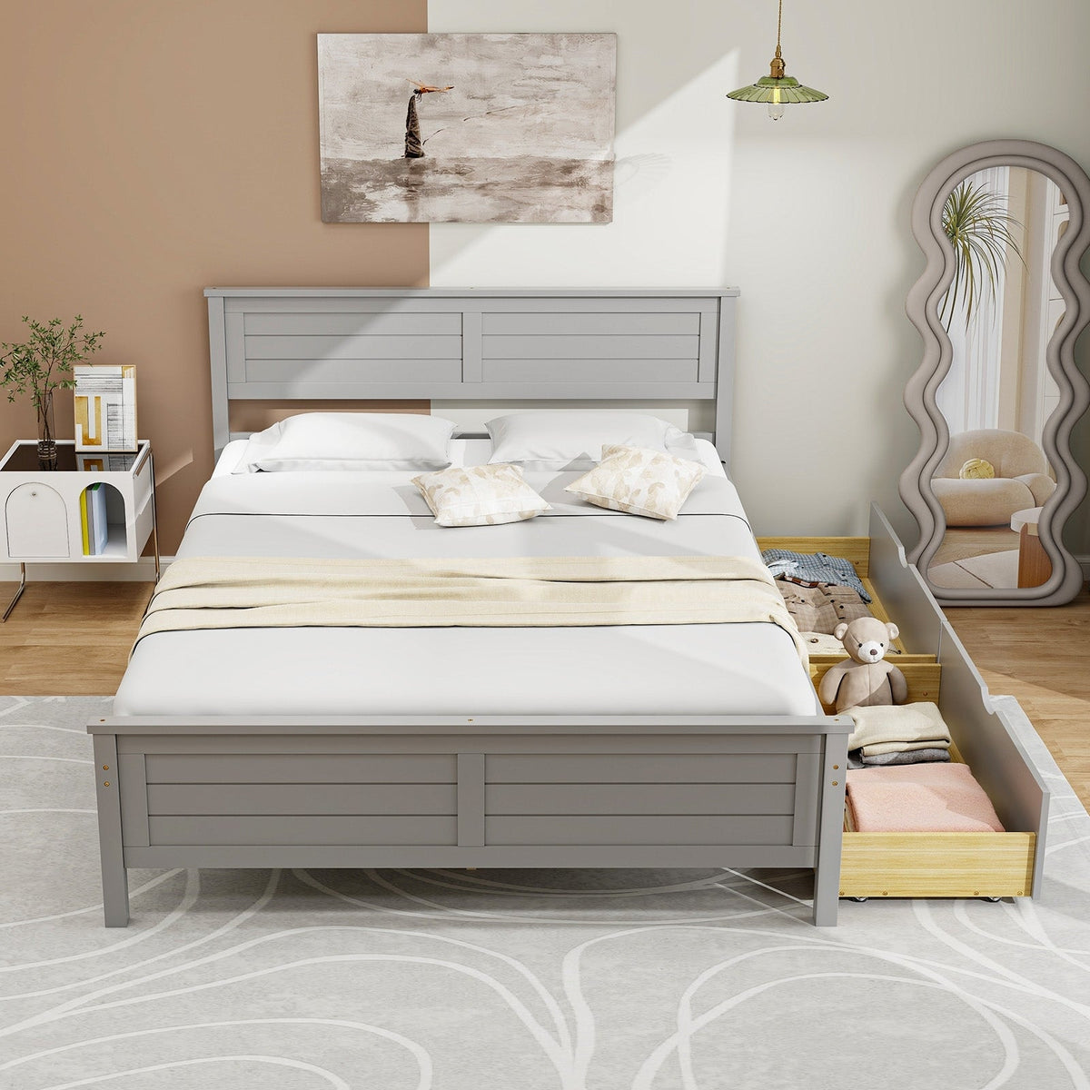 Full Size Bed Frame with Storage Drawers and Solid Wood Headboard-Simple Bed Frame-DECOROLALA