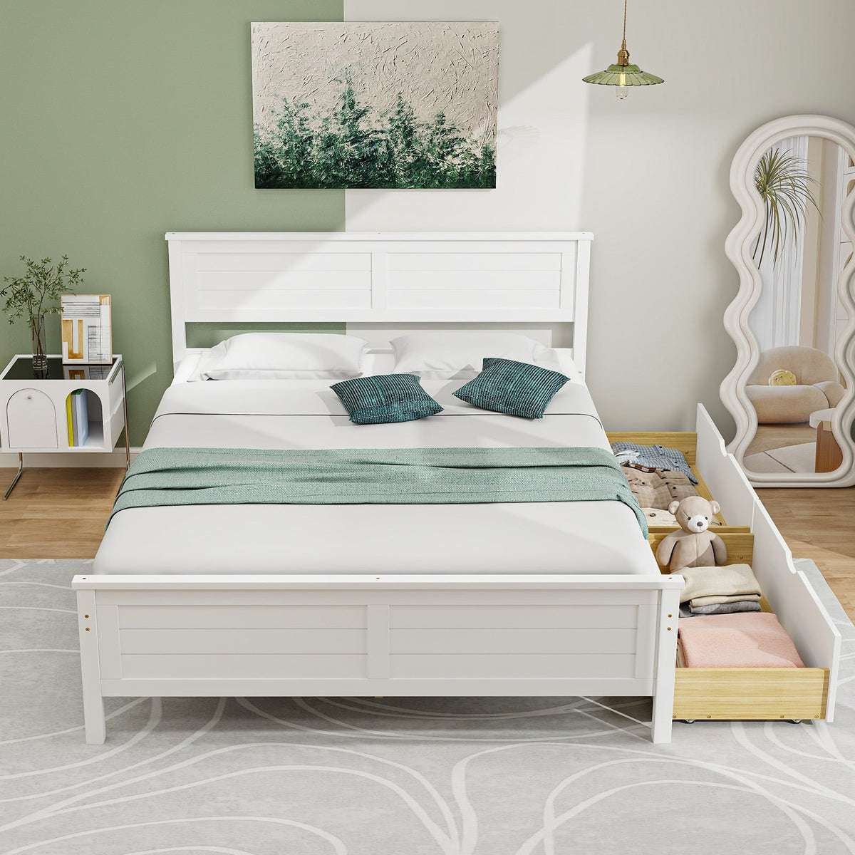 Full Size Bed Frame with Storage Drawers and Solid Wood Headboard-White-Simple Bed Frame-DECOROLALA