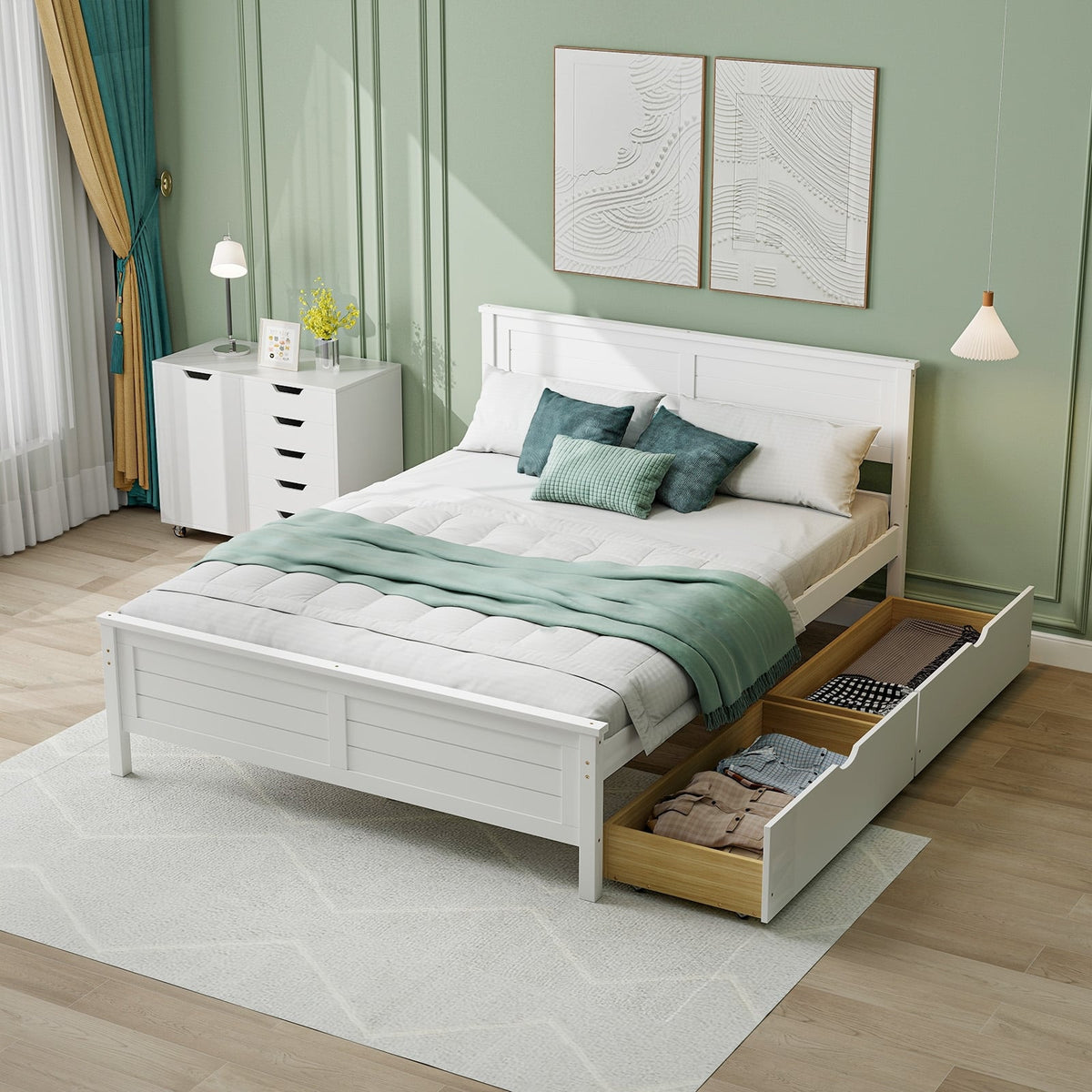 Full Size Bed Frame with Storage Drawers and Solid Wood Headboard-White-Simple Bed Frame-DECOROLALA
