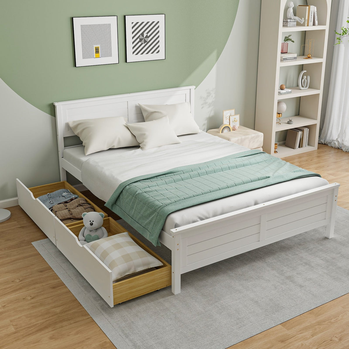 Full Size Bed Frame with Storage Drawers and Solid Wood Headboard-White-Simple Bed Frame-DECOROLALA