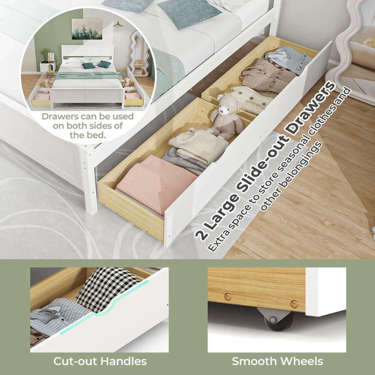 Full Size Bed Frame with Storage Drawers and Solid Wood Headboard-White-Simple Bed Frame-DECOROLALA
