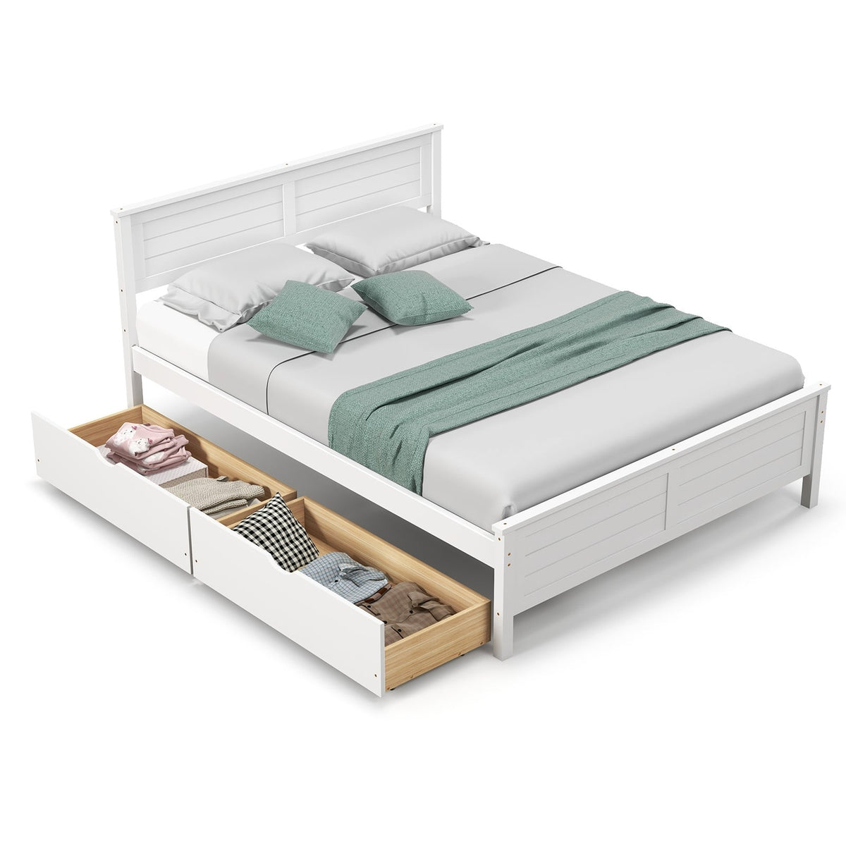 Full Size Bed Frame with Storage Drawers and Solid Wood Headboard-White-Simple Bed Frame-DECOROLALA