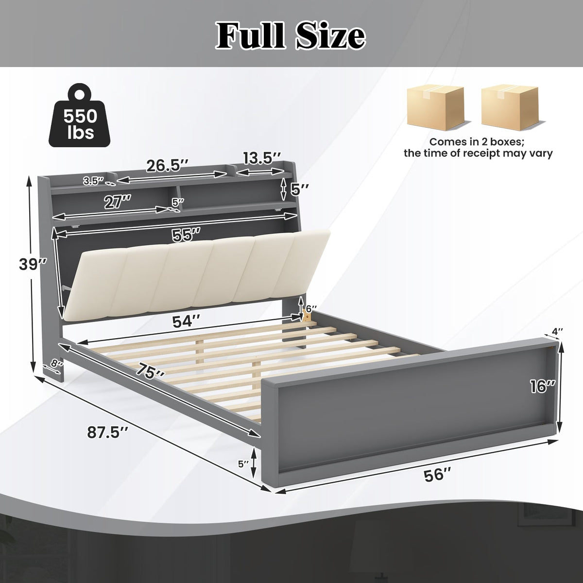 Full Size Bed Frame with Storage Modern Platform Bed with Headboard-Full Size-Simple Bed Frame-DECOROLALA