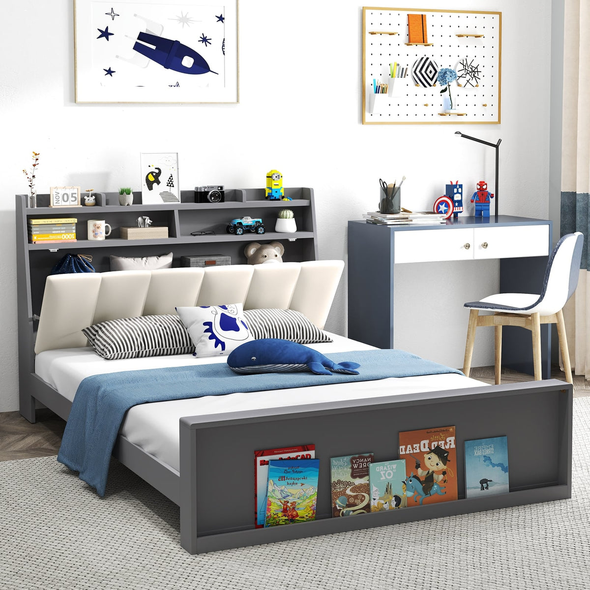 Full Size Bed Frame with Storage Modern Platform Bed with Headboard-Full Size-Simple Bed Frame-DECOROLALA