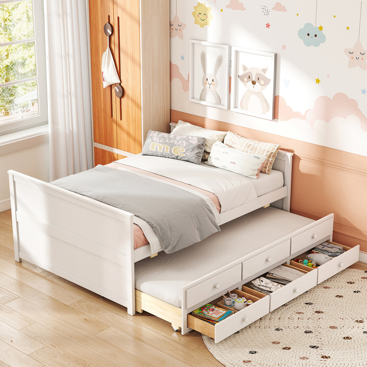 Full Size Bed Frame with Twin Trundle and 3 Storage Drawers for Teens Adults-White-Trundle Bed Frame-DECOROLALA
