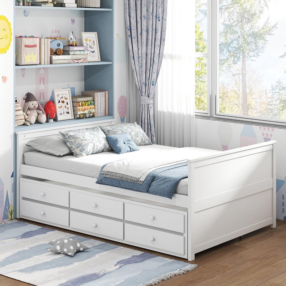 Full Size Bed Frame with Twin Trundle and 3 Storage Drawers for Teens Adults-White-Trundle Bed Frame-DECOROLALA