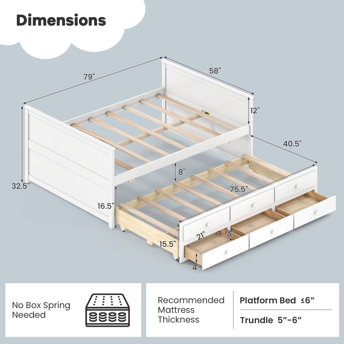 Full Size Bed Frame with Twin Trundle and 3 Storage Drawers for Teens Adults-White-Trundle Bed Frame-DECOROLALA