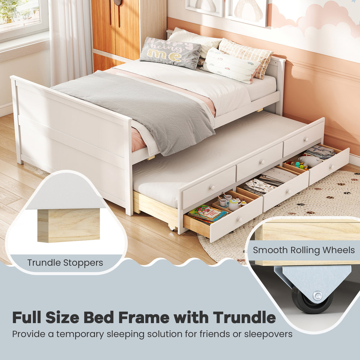 Full Size Bed Frame with Twin Trundle and 3 Storage Drawers for Teens Adults-White-Trundle Bed Frame-DECOROLALA