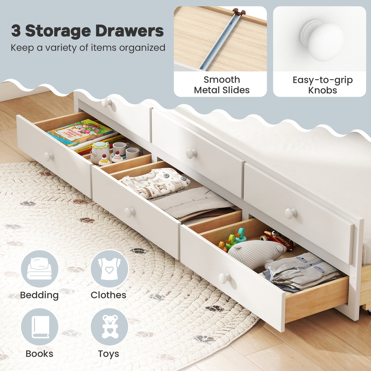 Full Size Bed Frame with Twin Trundle and 3 Storage Drawers for Teens Adults-White-Trundle Bed Frame-DECOROLALA
