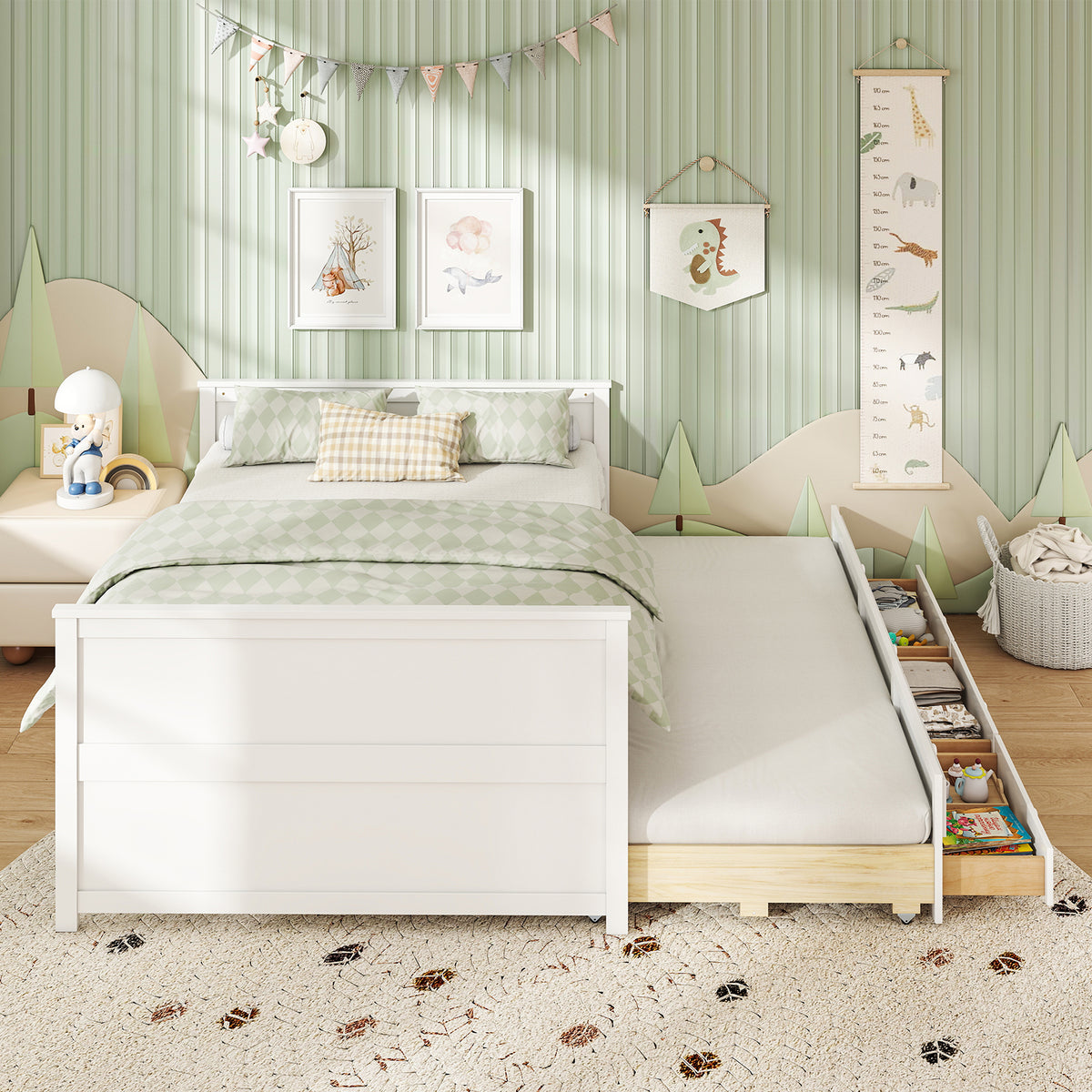 Full Size Bed Frame with Twin Trundle and 3 Storage Drawers for Teens Adults-White-Trundle Bed Frame-DECOROLALA