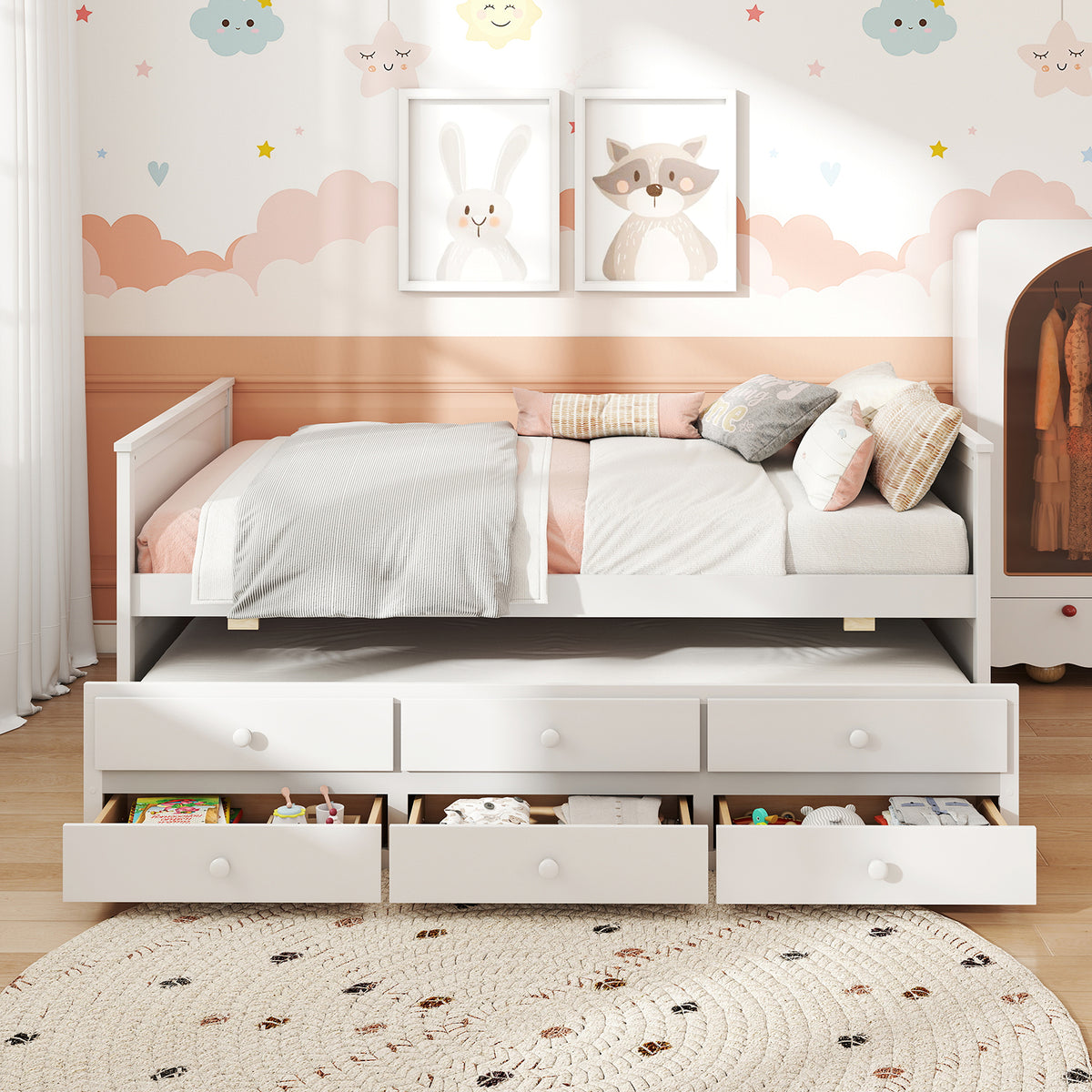 Full Size Bed Frame with Twin Trundle and 3 Storage Drawers for Teens Adults-White-Trundle Bed Frame-DECOROLALA