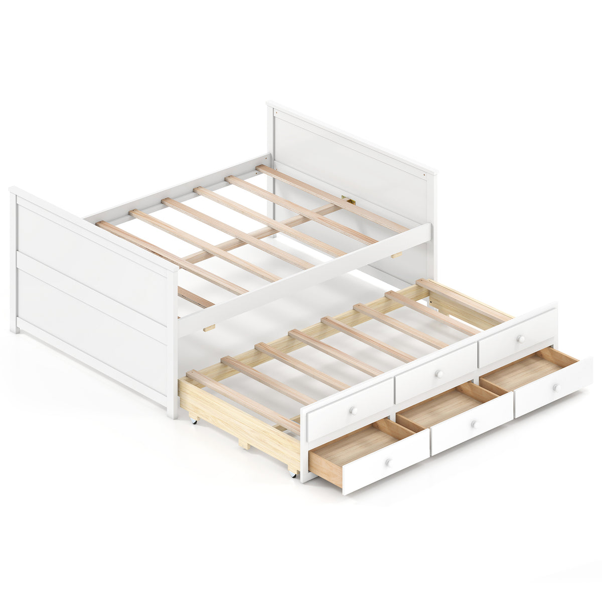 Full Size Bed Frame with Twin Trundle and 3 Storage Drawers for Teens Adults-White-Trundle Bed Frame-DECOROLALA