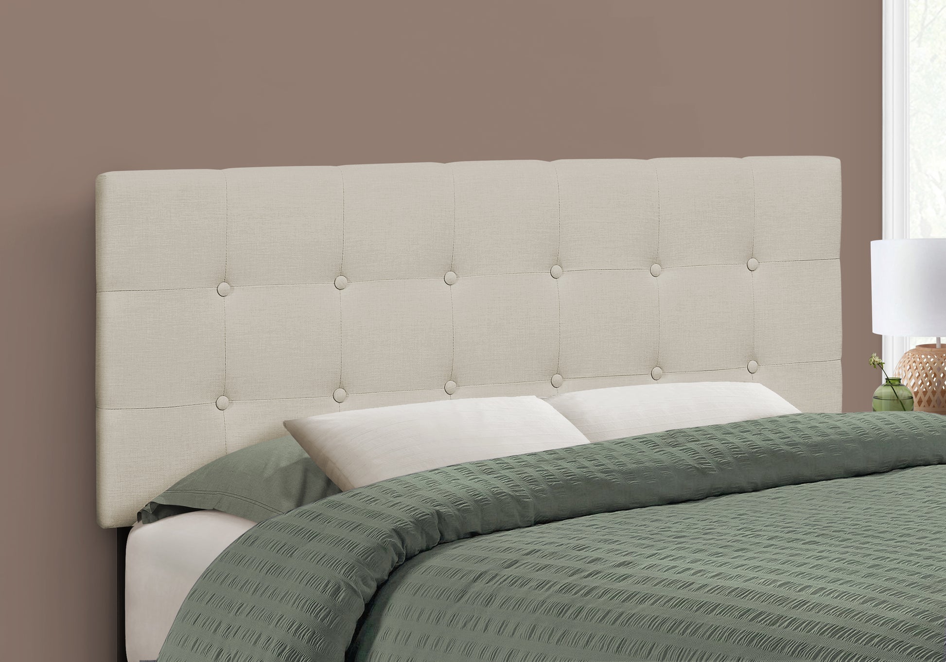 Full Size Brown Leather-Look Button Tufted Headboard-Bed-DECOROLALA