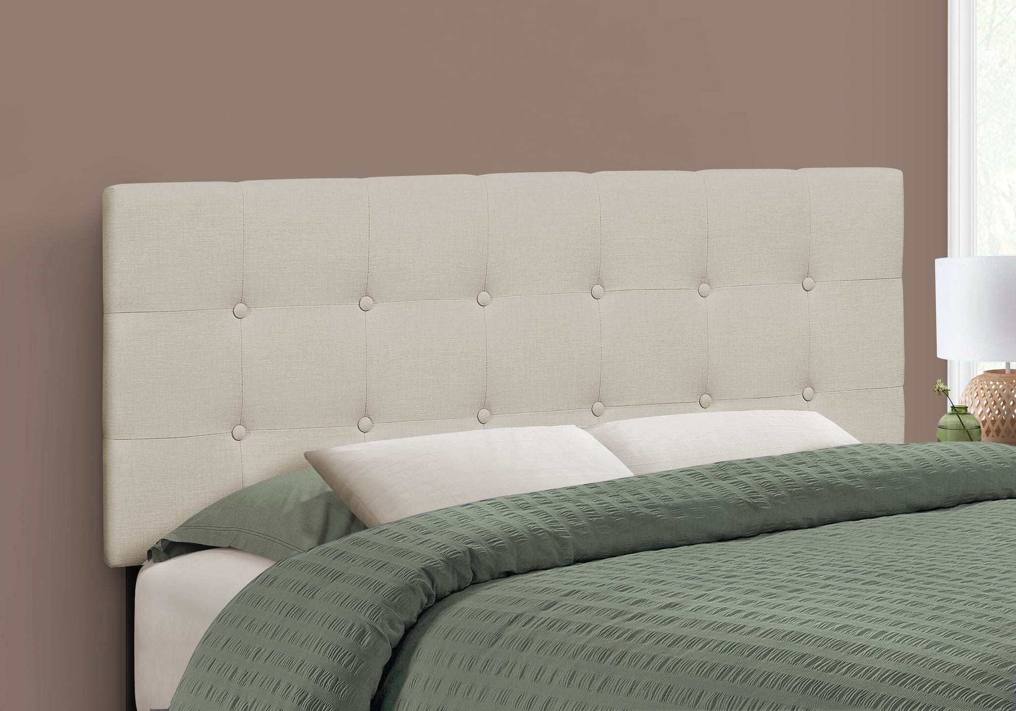 Full Size Brown Leather-Look Button Tufted Headboard-Bed-DECOROLALA
