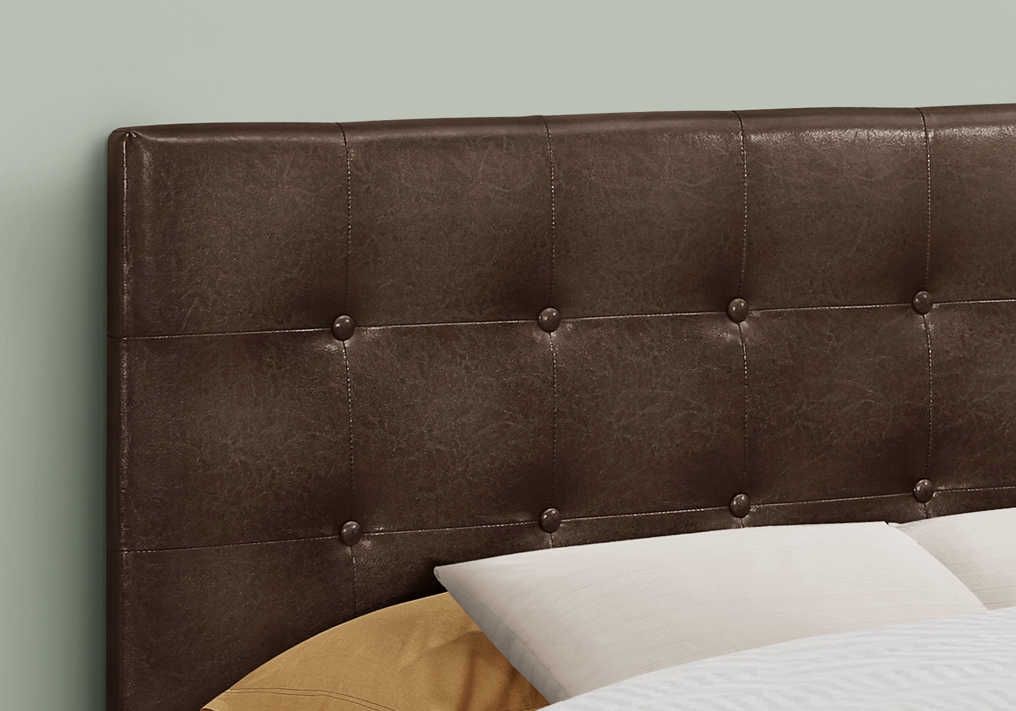 Full Size Brown Leather-Look Button Tufted Headboard-Bed-DECOROLALA