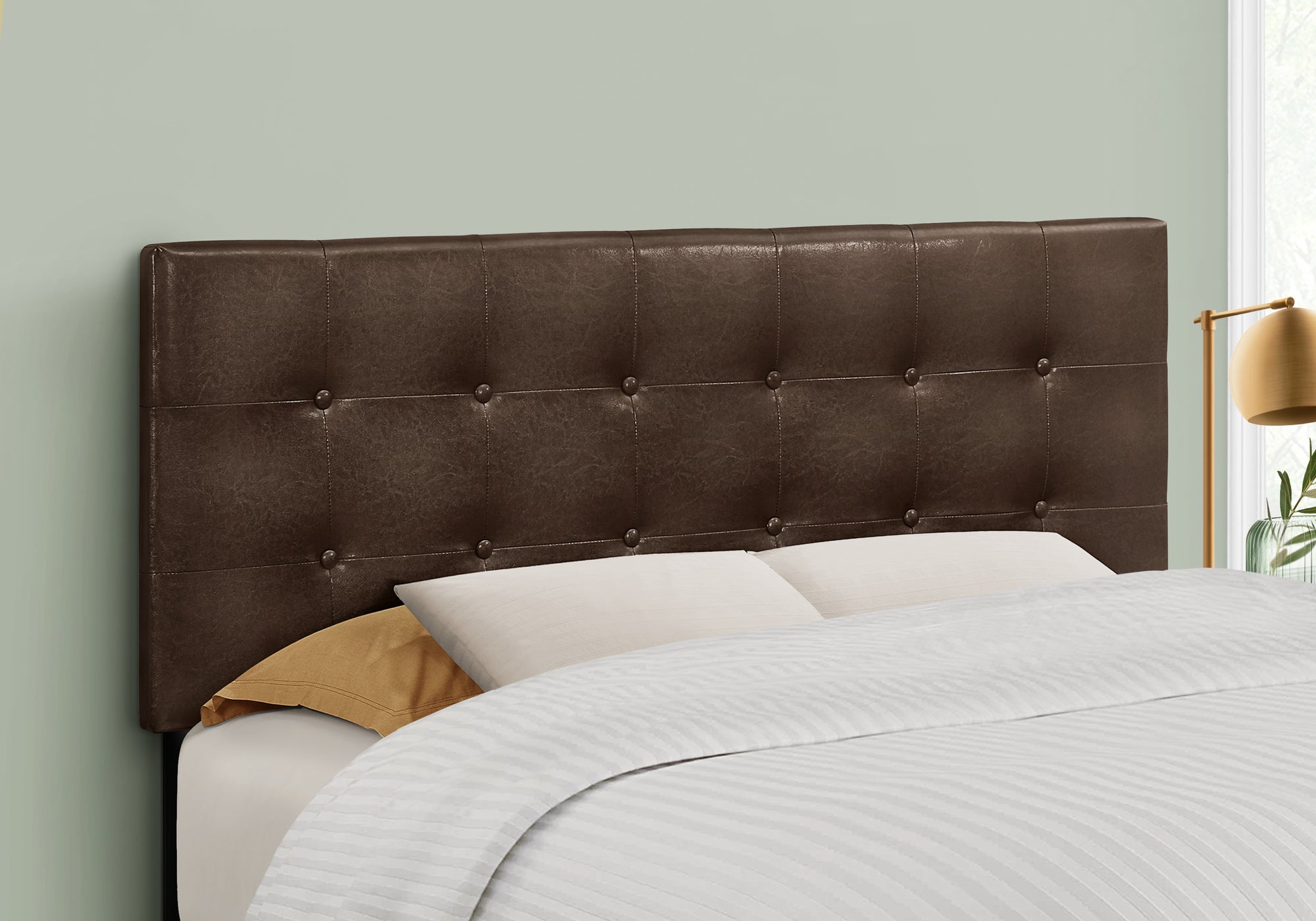 Full Size Brown Leather-Look Button Tufted Headboard-Bed-DECOROLALA